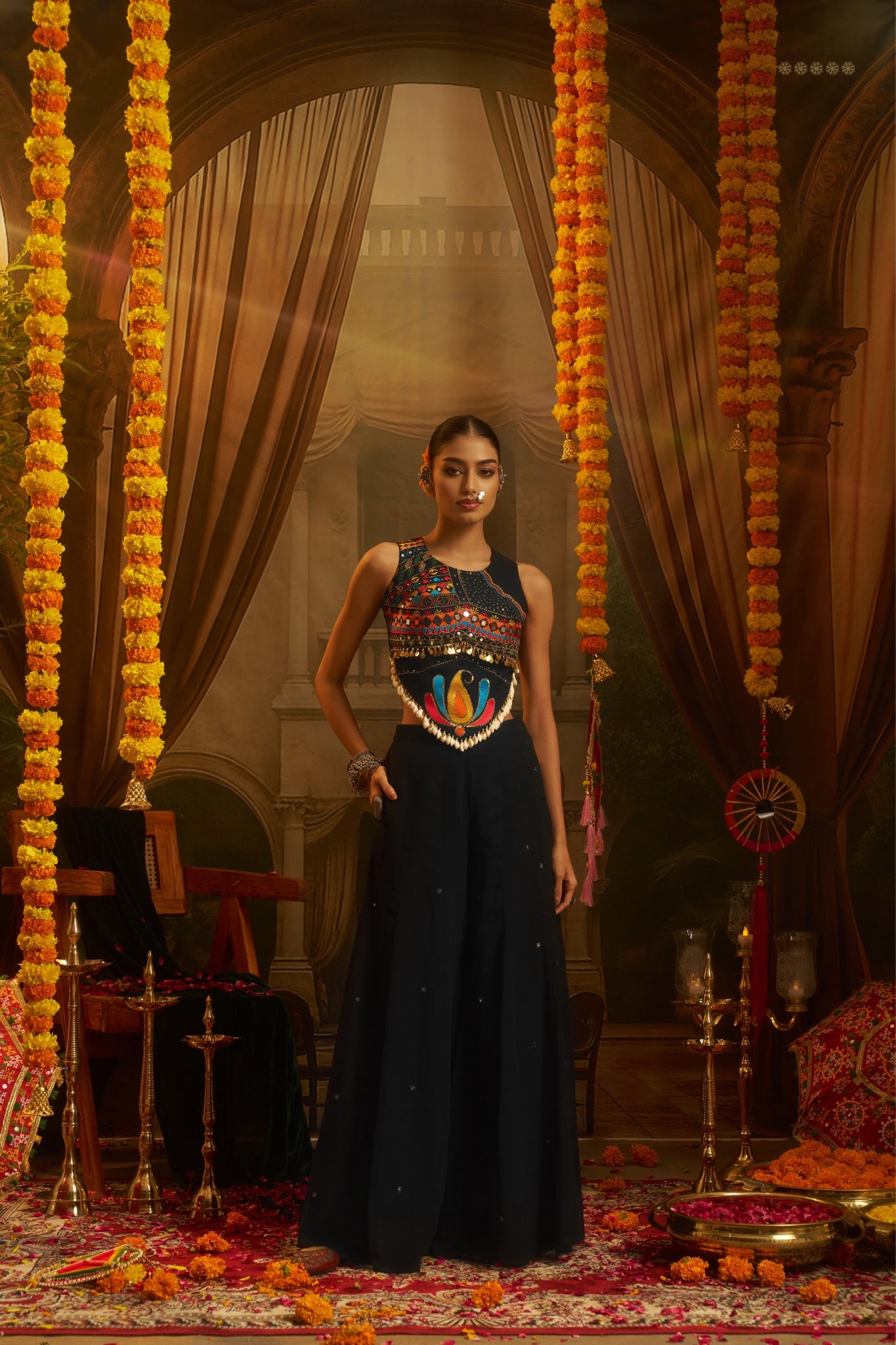 Black Georgette Designer Festive Set With Thread, Mirror And Shell Handwork