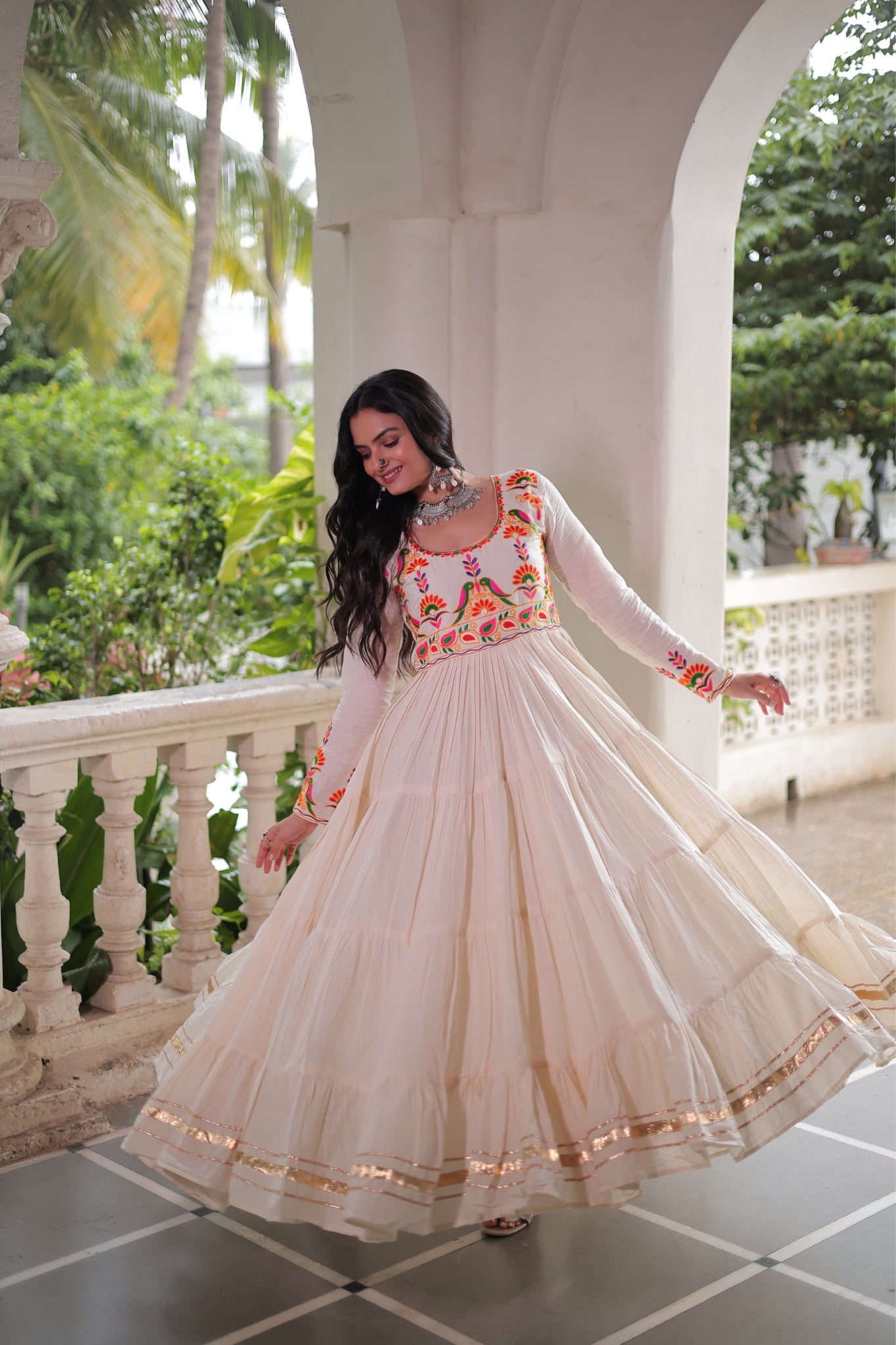 Off White Navratri Designer Multi Thread Embroidered With Gota Patti Work Cotton Gown