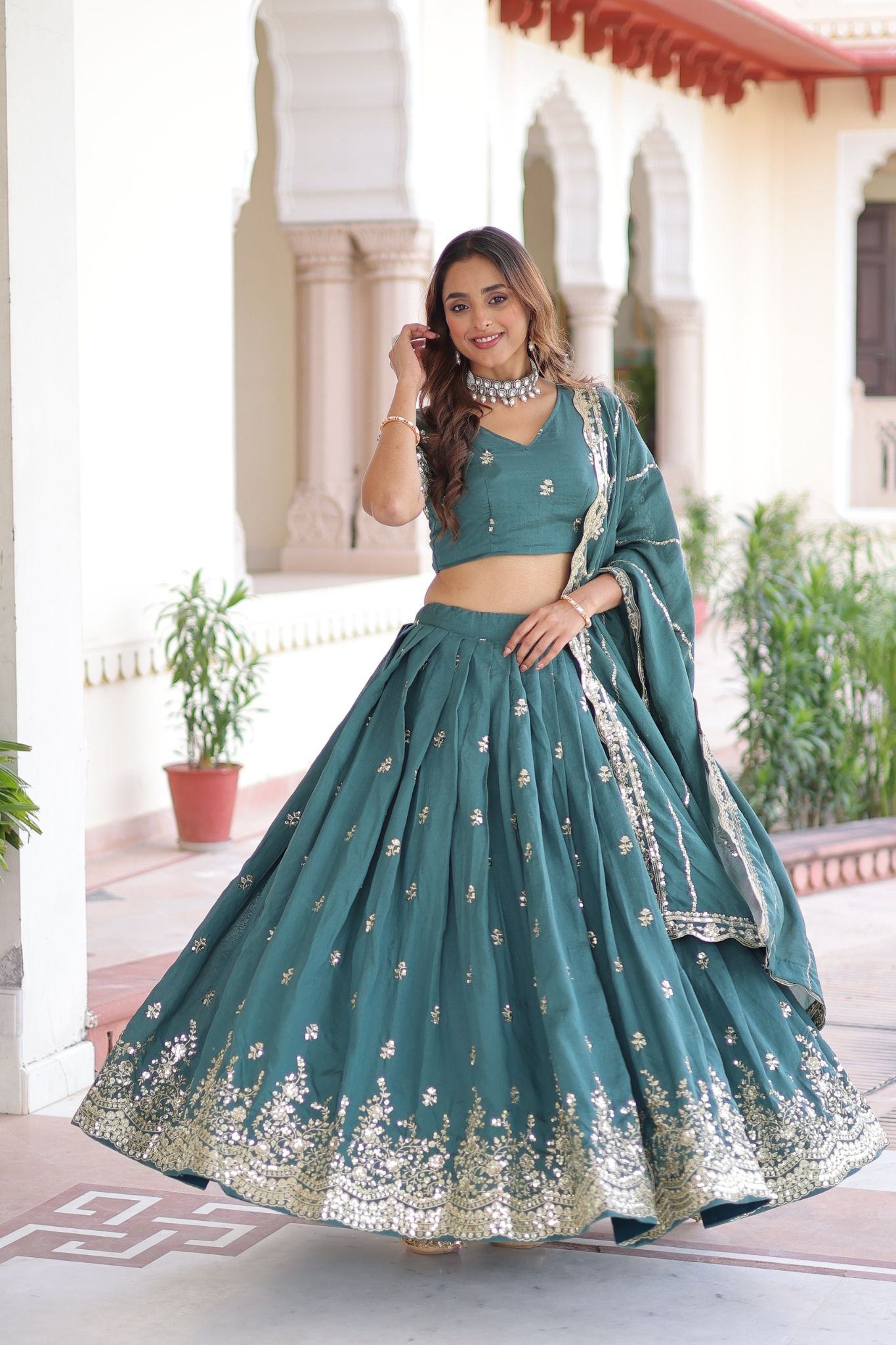 Designer Vichitra Silk Embroidered Lehenga With Blouse Dupatta