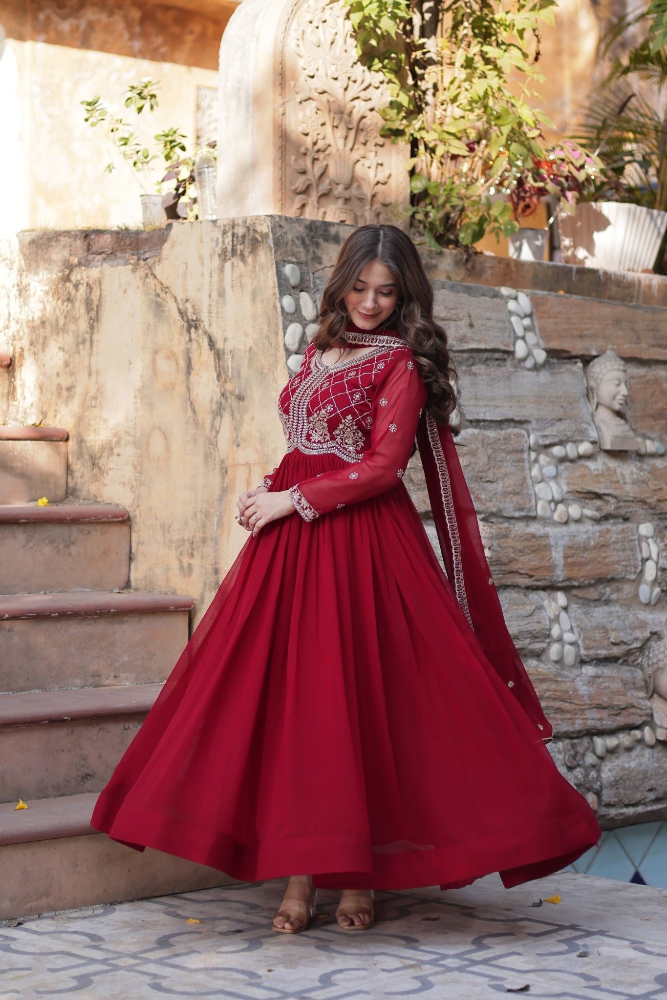 Designer Beads Embroidered Work Beautiful Wedding Gown With Dupatta Set