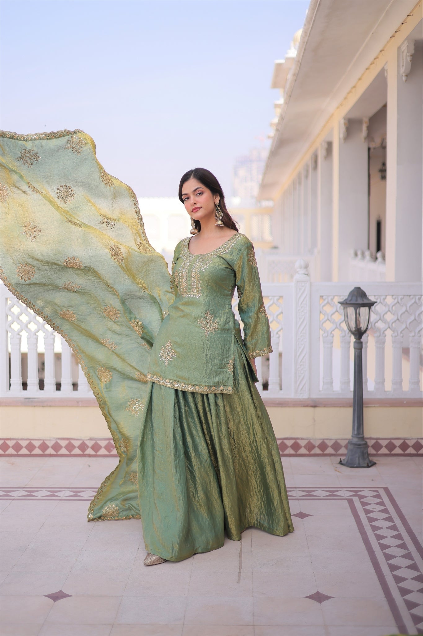 Fendi Crush Zari Sequins Embroidered Kurti Sharara Set With Designer Dupatta