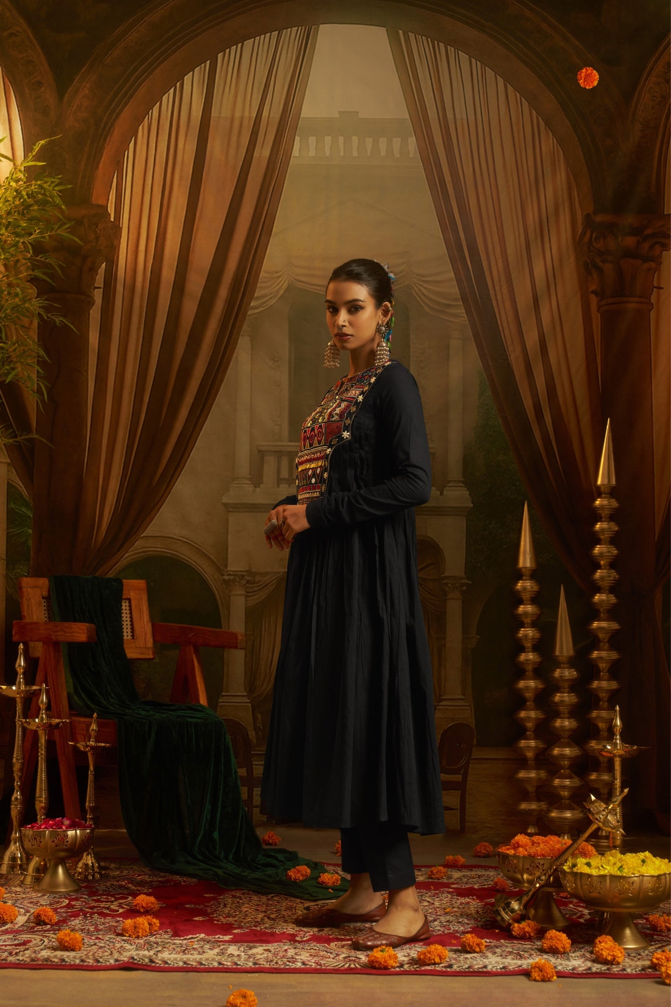 Black Anarkali Kurta Set with Hand Embroidery, Mirror Work Yoke & Cowrie Shell Detailing