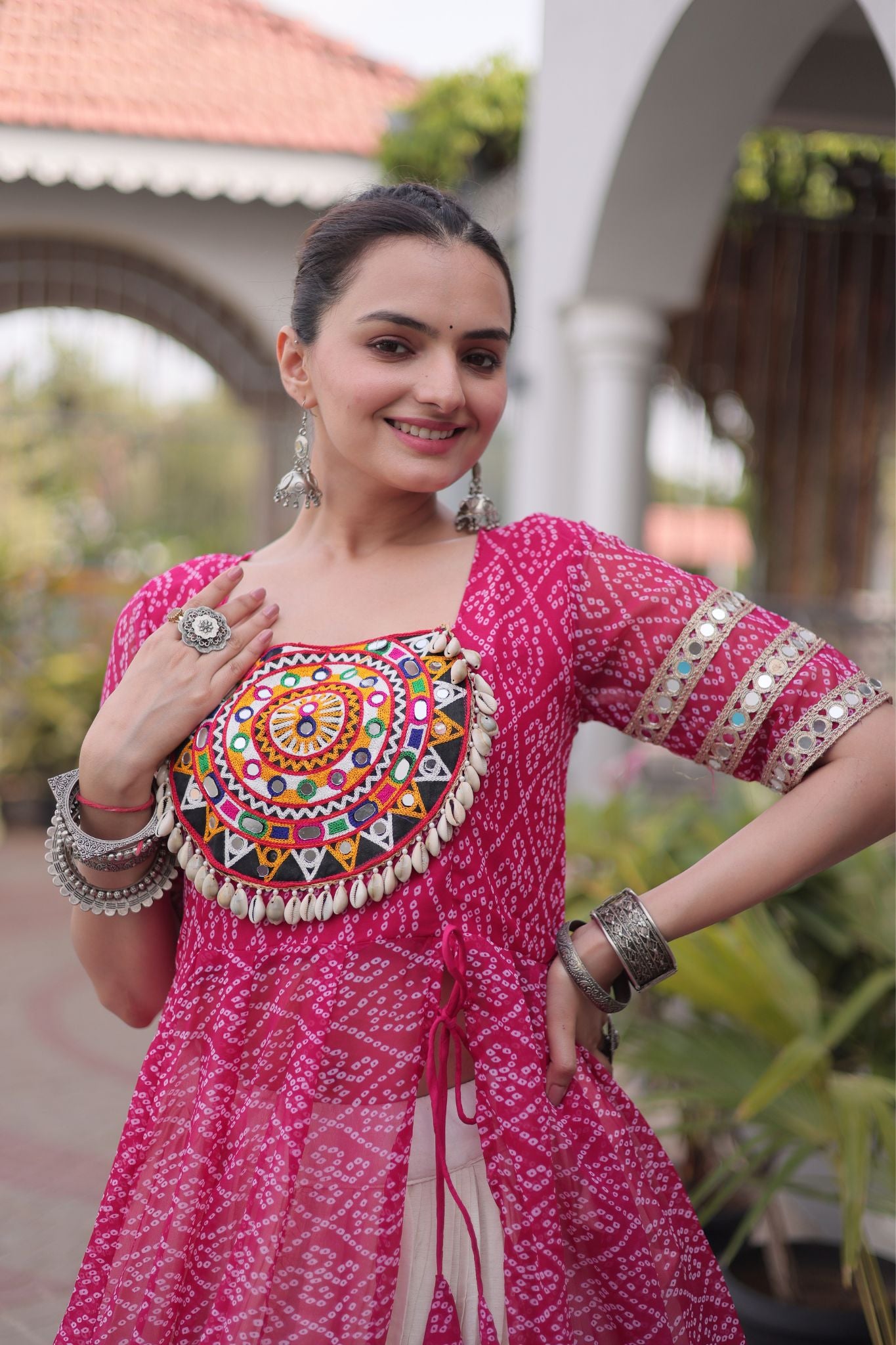 Raasrang Navratri Designer Kora Cotton Lehenga With Kutchi Patchwork Bandhani Print Kurti For Garba & Dandiya