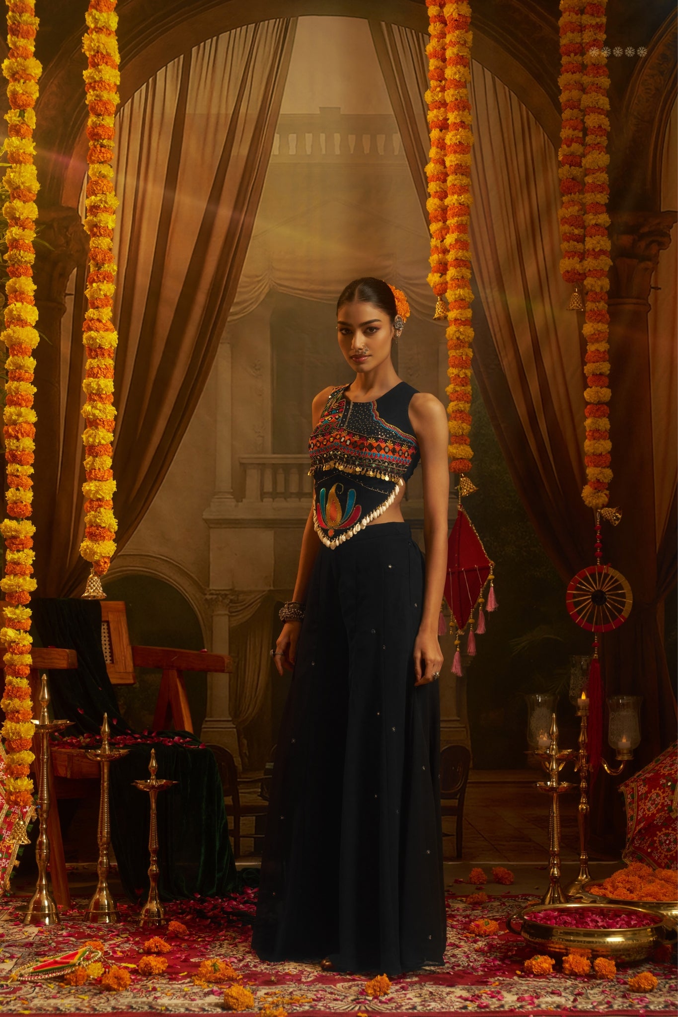 Black Georgette Designer Festive Set With Thread, Mirror And Shell Handwork