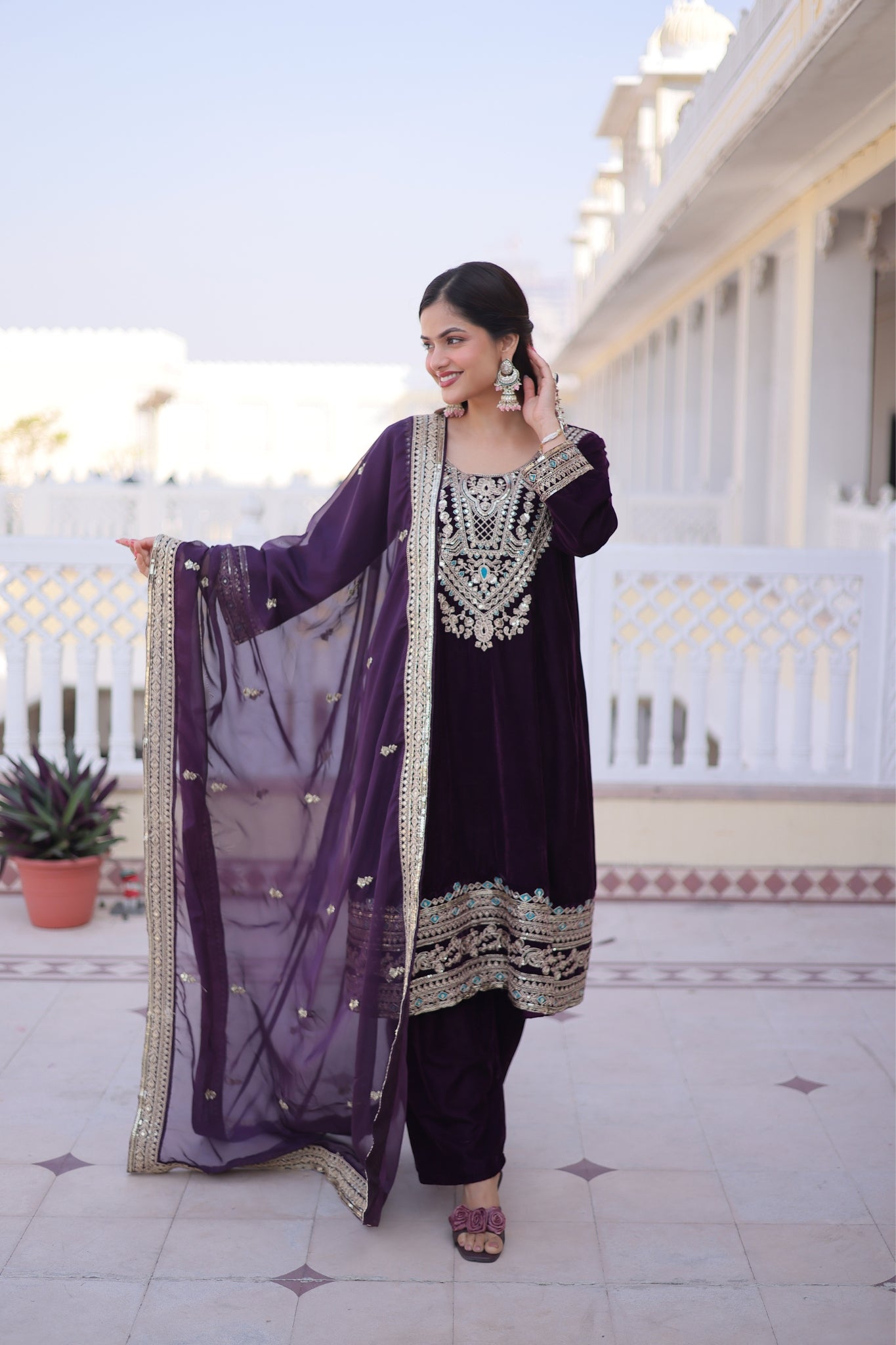 Designer Velvet Kurta Suit With Rich Zari And Thread Embroidery