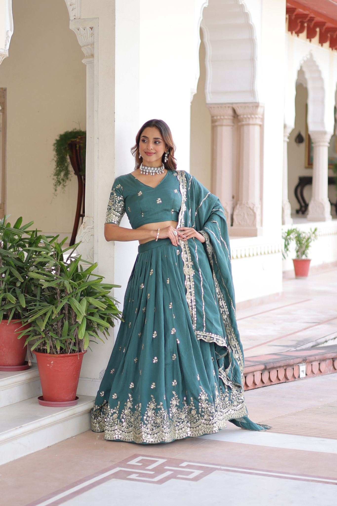 Designer Vichitra Silk Embroidered Lehenga With Blouse Dupatta