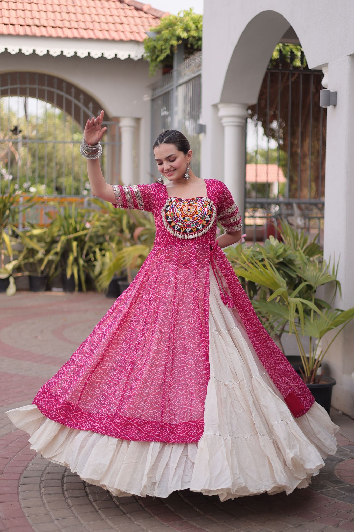 Raasrang Navratri Designer Kora Cotton Lehenga With Kutchi Patchwork Bandhani Print Kurti For Garba & Dandiya