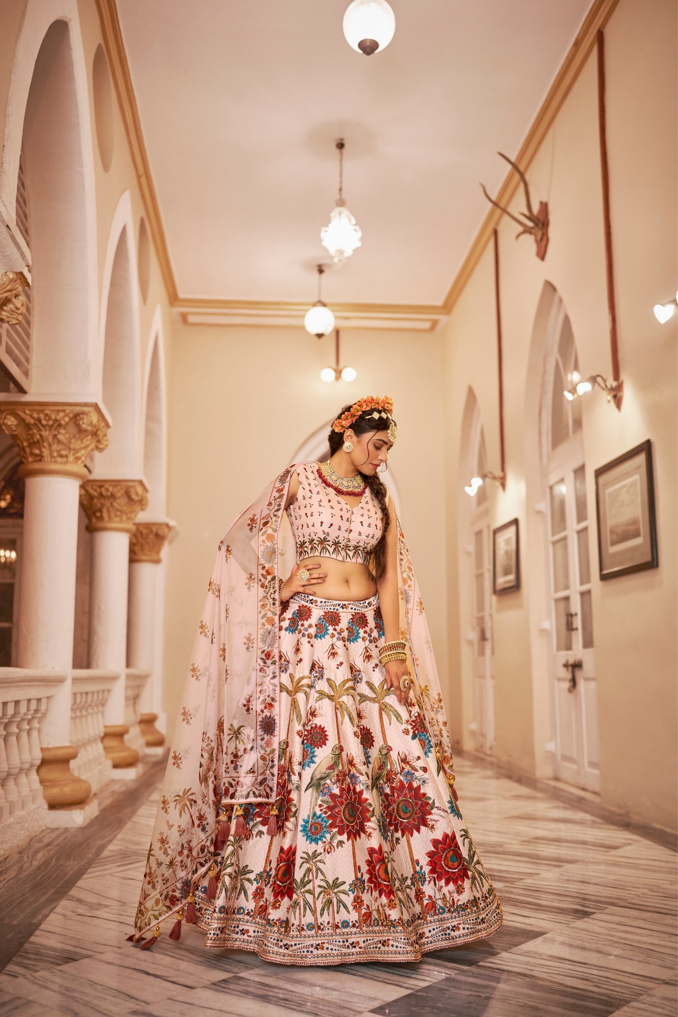 Luxury Heritage Print Art Silk Lehenga Choli With Handwork And Organza Dupatta