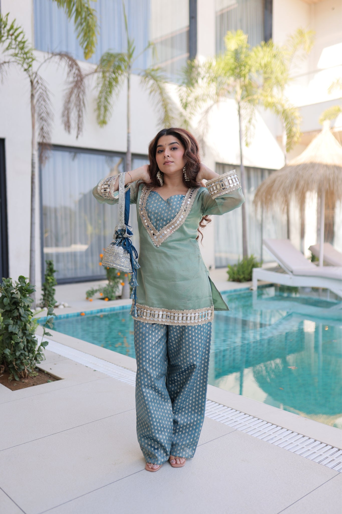 Royal Mirror Work Kurti Palazzo Set For Women