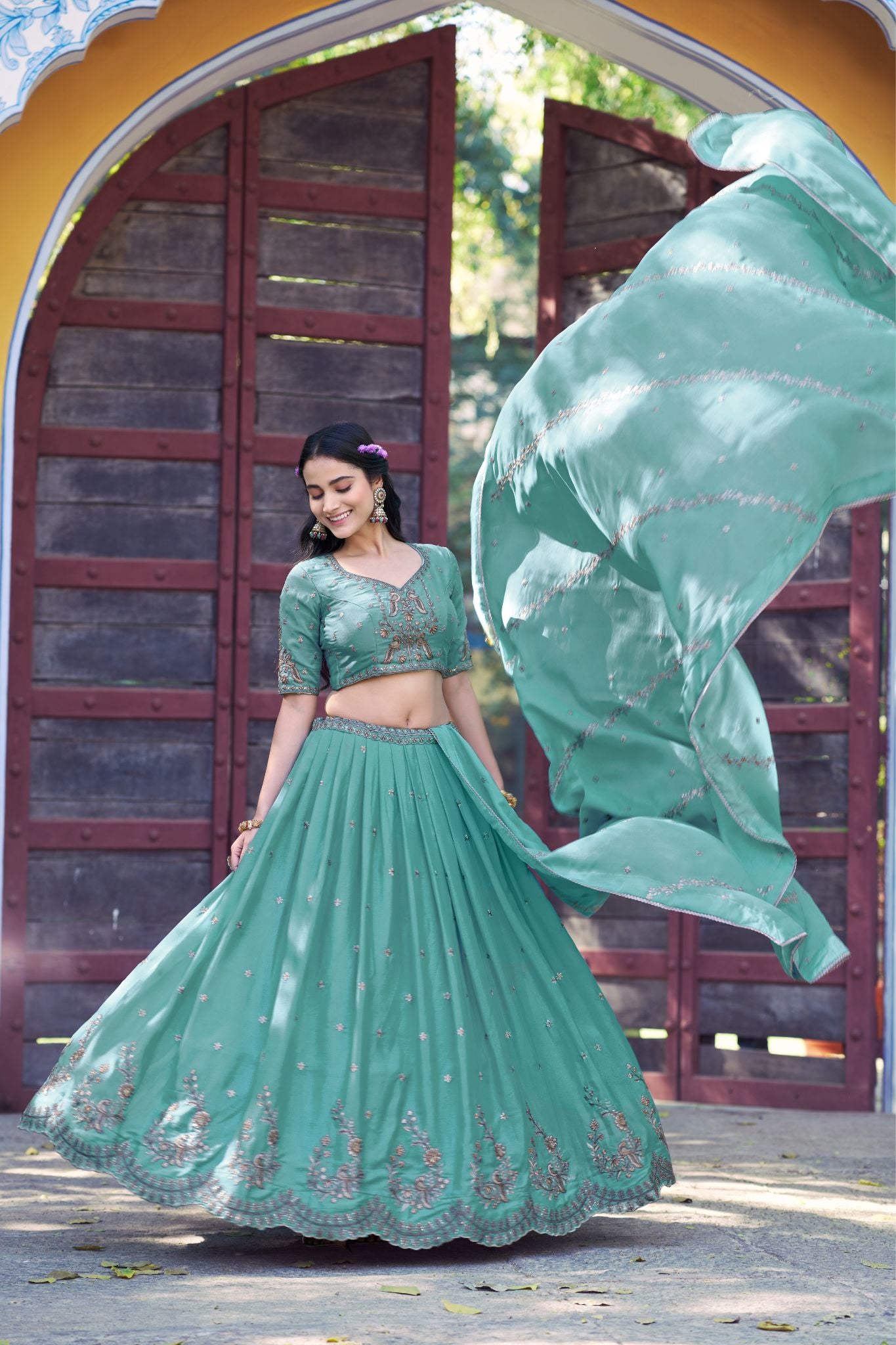 Premium Sky Blue Star Georgette Lehenga Choli Set For Women