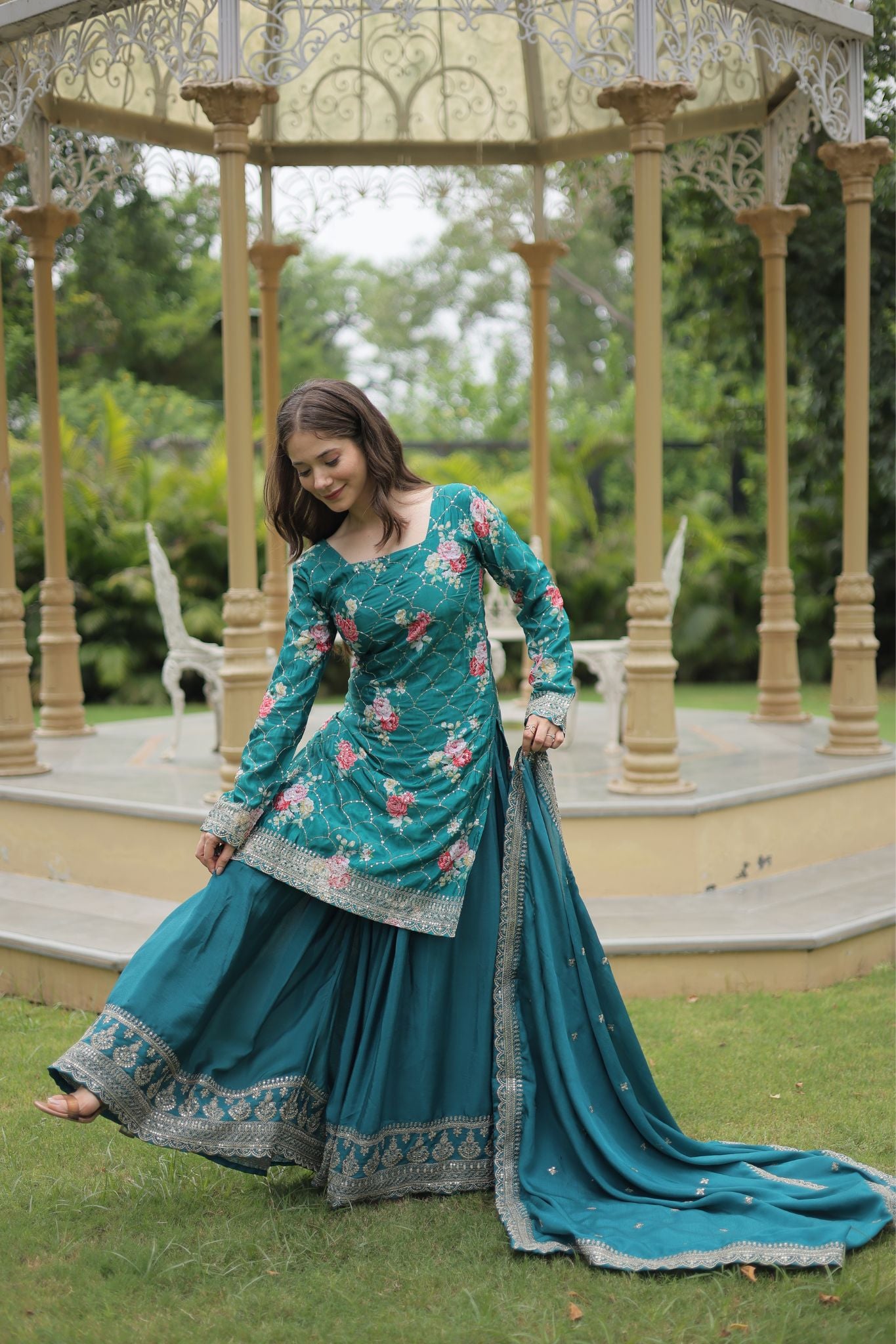 Designer Chinnon Printed  With Embroidered Work Sharara Set