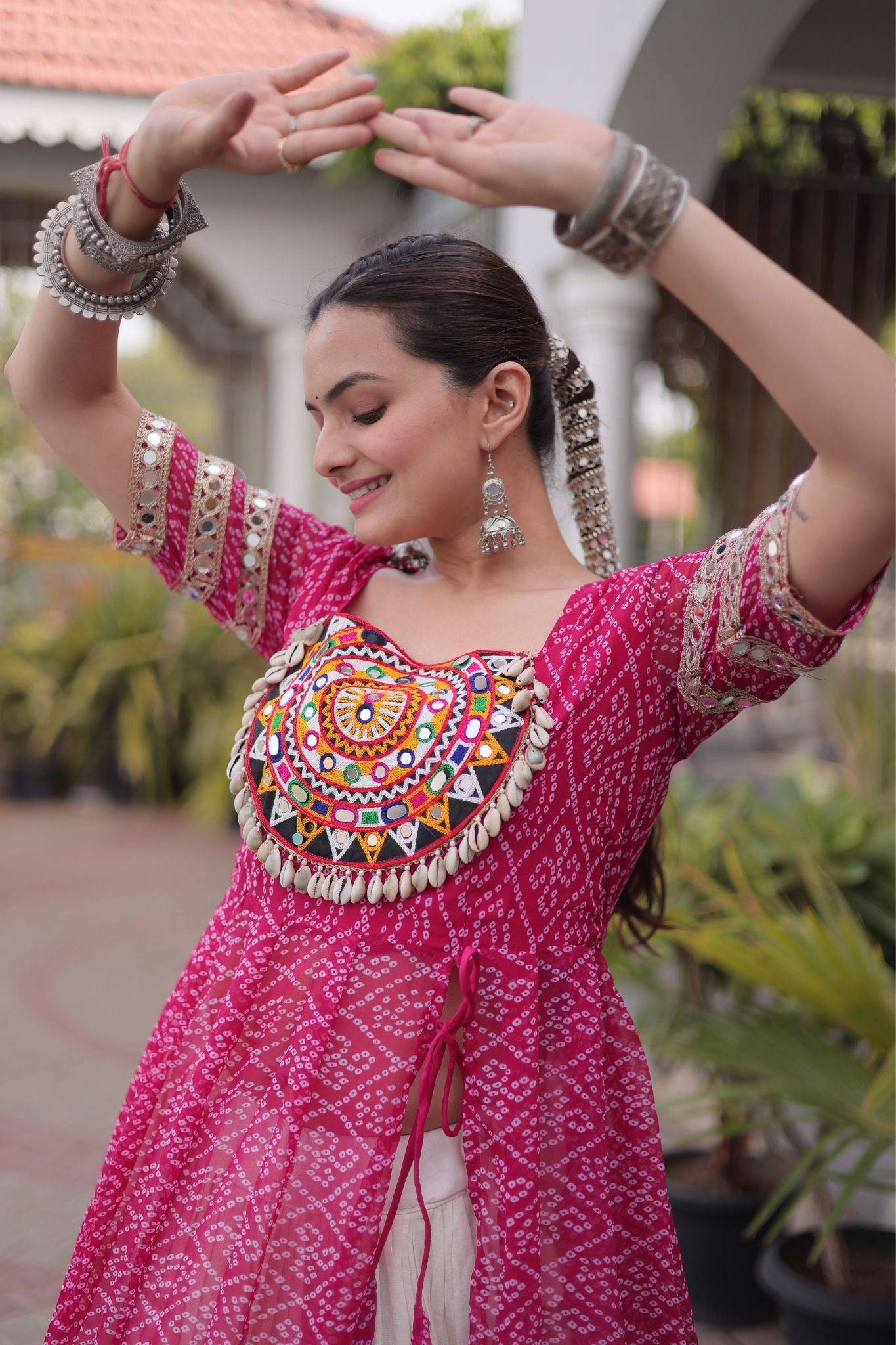 Raasrang Navratri Designer Kora Cotton Lehenga With Kutchi Patchwork Bandhani Print Kurti For Garba & Dandiya