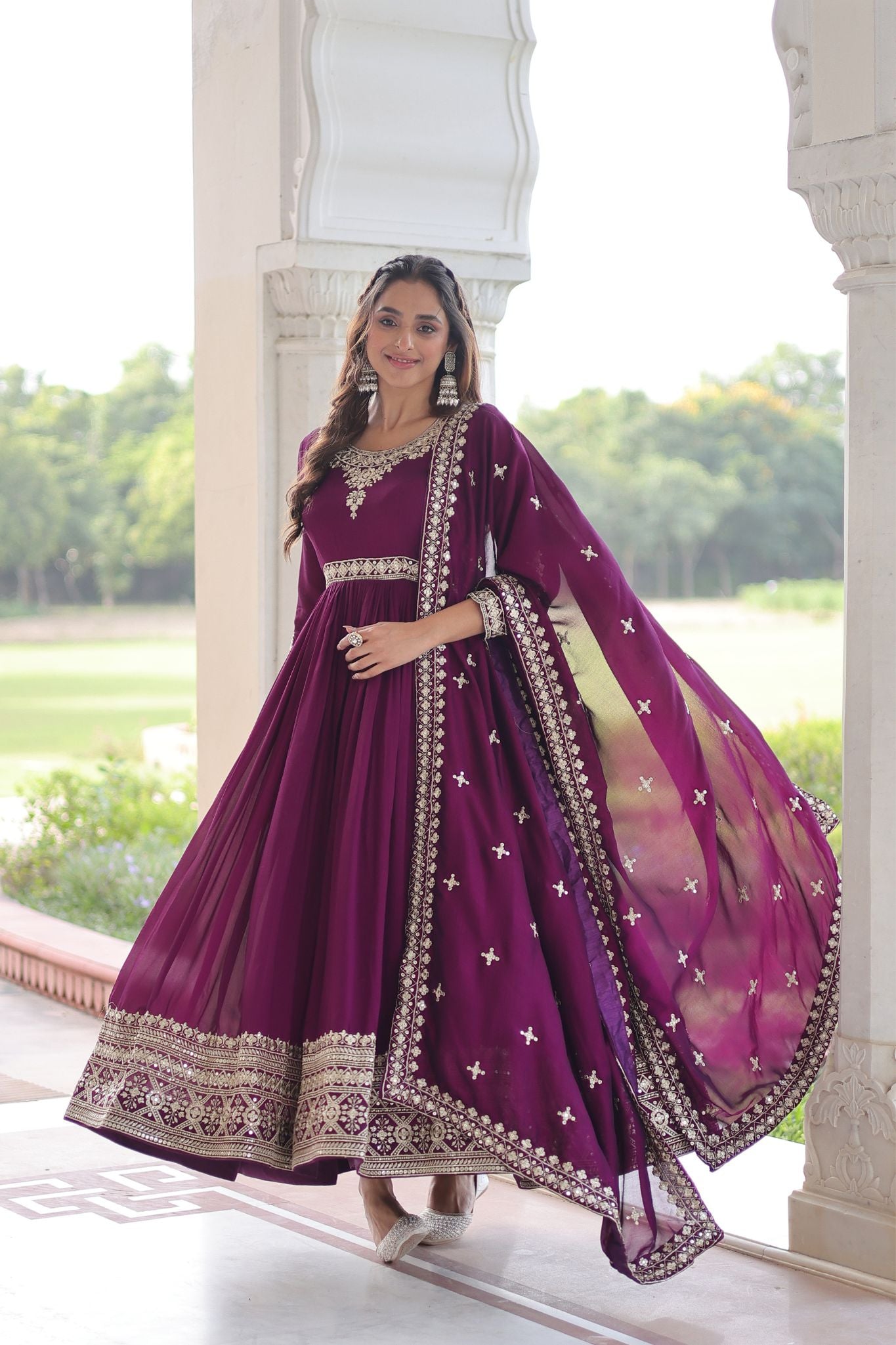 Luxury Vichitra Silk Embroidered Gown Set