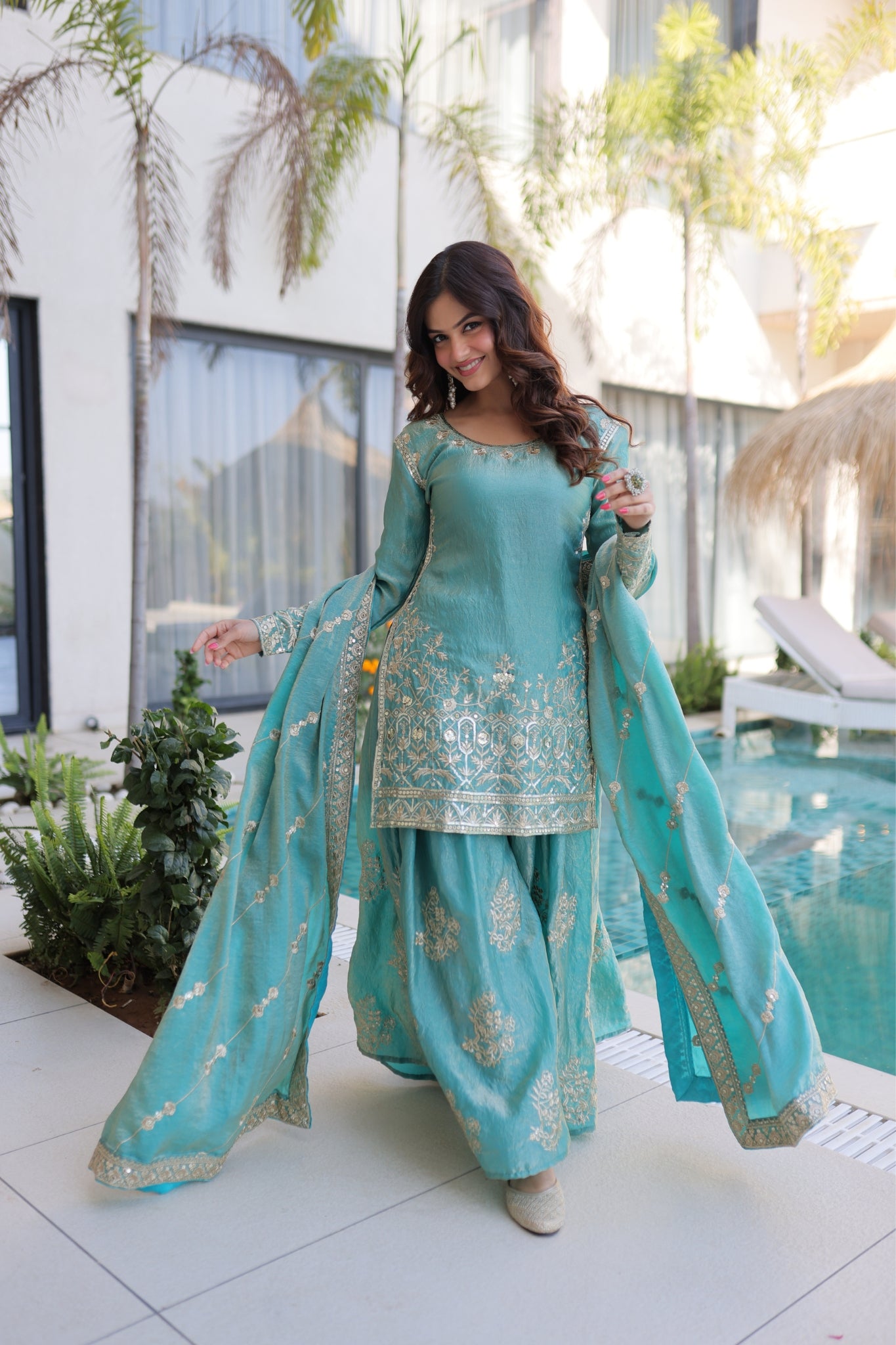 Premium Fendi Crush Designer Zari With Sequins Embroidery Suit Set