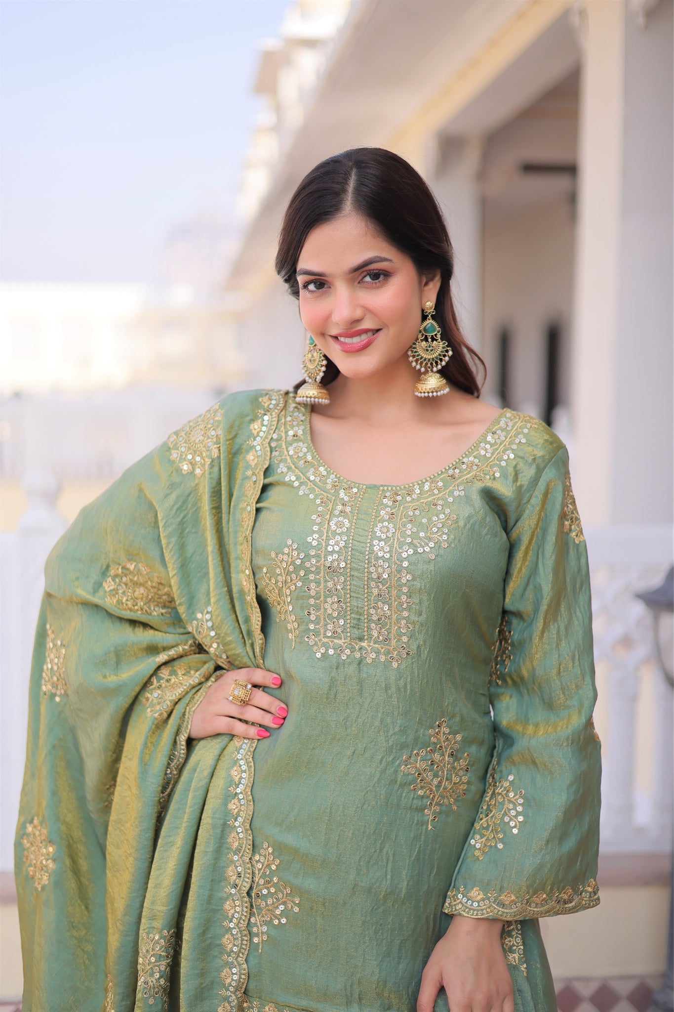 Fendi Crush Zari Sequins Embroidered Kurti Sharara Set With Designer Dupatta