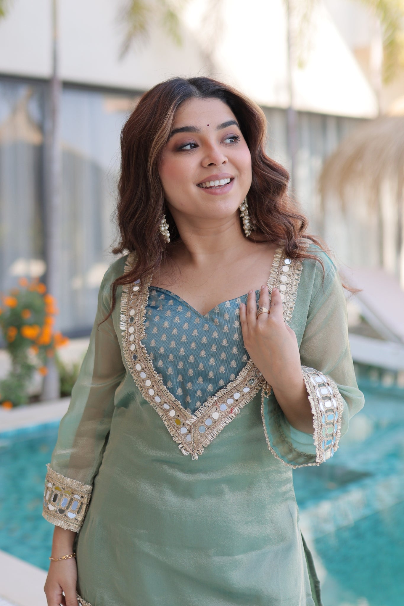 Royal Mirror Work Kurti Palazzo Set For Women