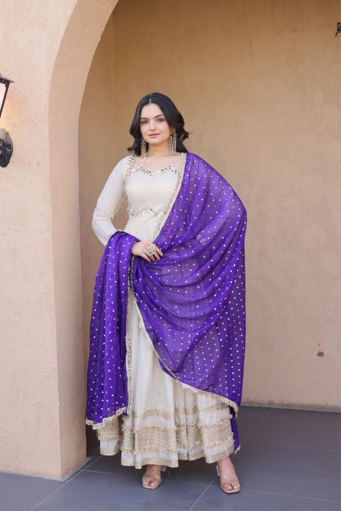 Cosmos Real Mirror Work Designer Embroidered Anarkali Gown With Dupatta