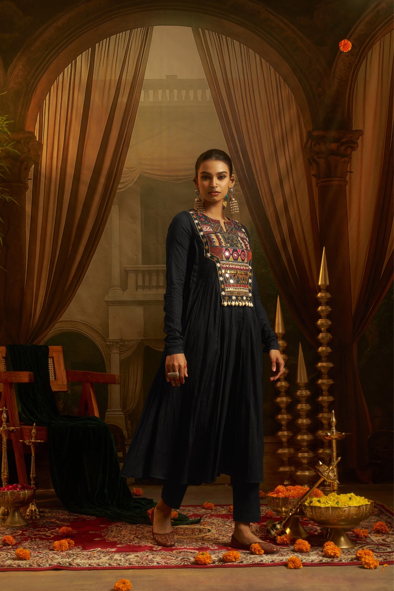 Black Anarkali Kurta Set with Hand Embroidery, Mirror Work Yoke & Cowrie Shell Detailing