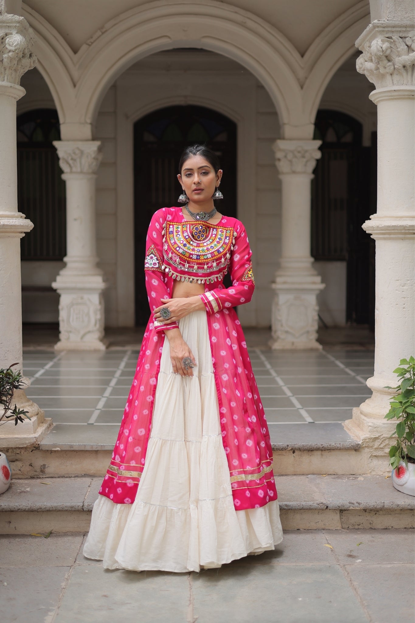Kora Cotton Stylish Frill Stitching Beautiful Navratri Lehenga With Bandhani Printed Kurti