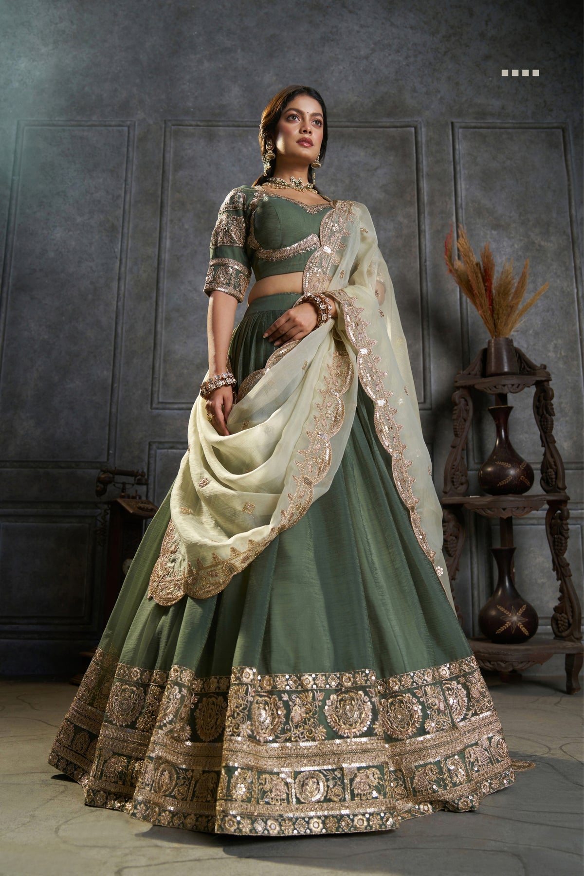Olive Green Pure Organza Embroidered Designer Lehenga Choli With Dupatta