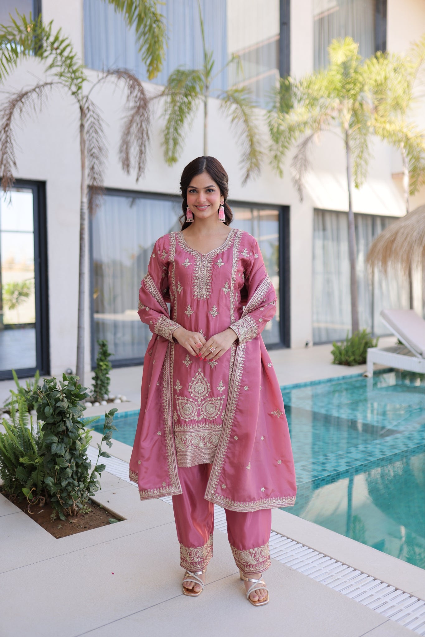 Luxury Ho Silk Designer Multi With Thread Embroidery Suit Set