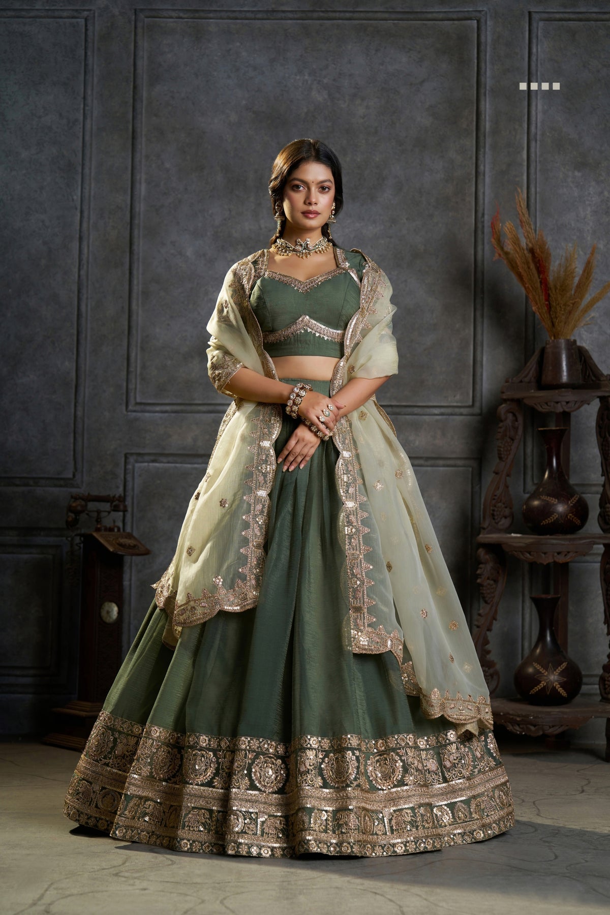 Olive Green Pure Organza Embroidered Designer Lehenga Choli With Dupatta