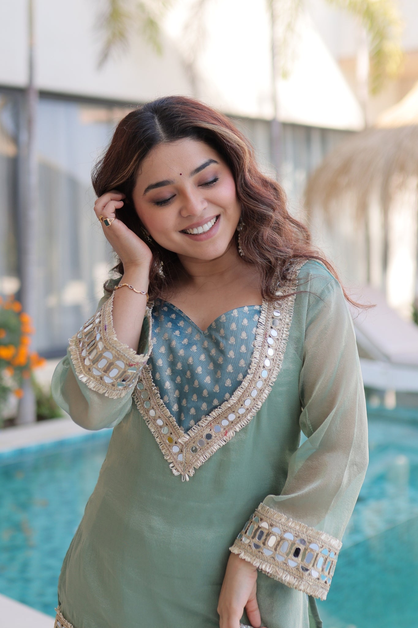 Royal Mirror Work Kurti Palazzo Set For Women