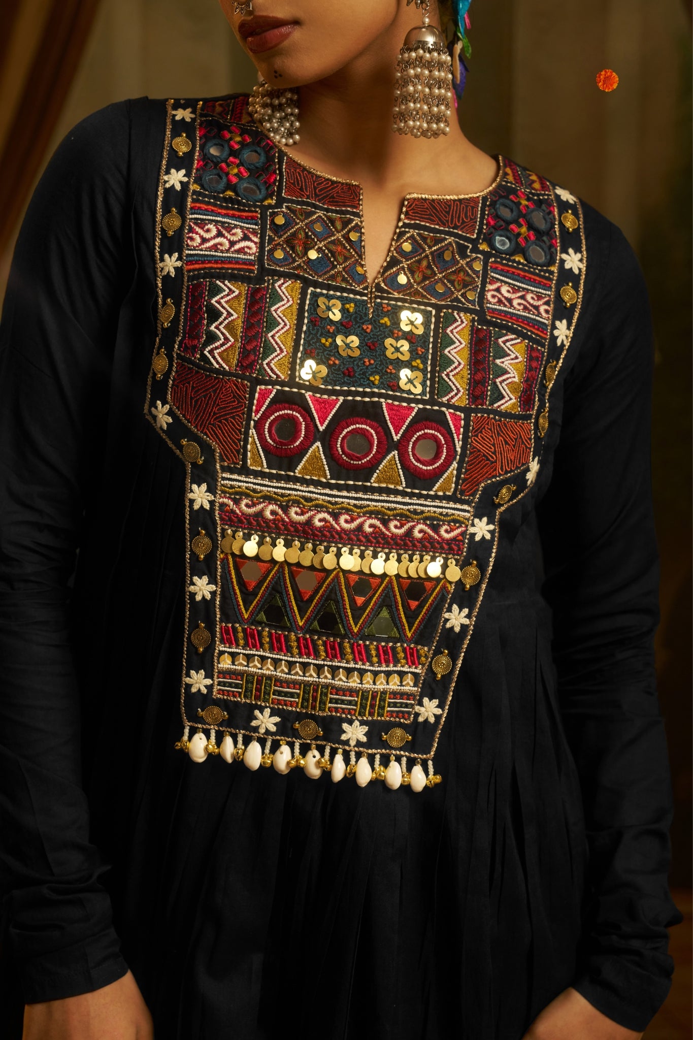 Black Anarkali Kurta Set with Hand Embroidery, Mirror Work Yoke & Cowrie Shell Detailing