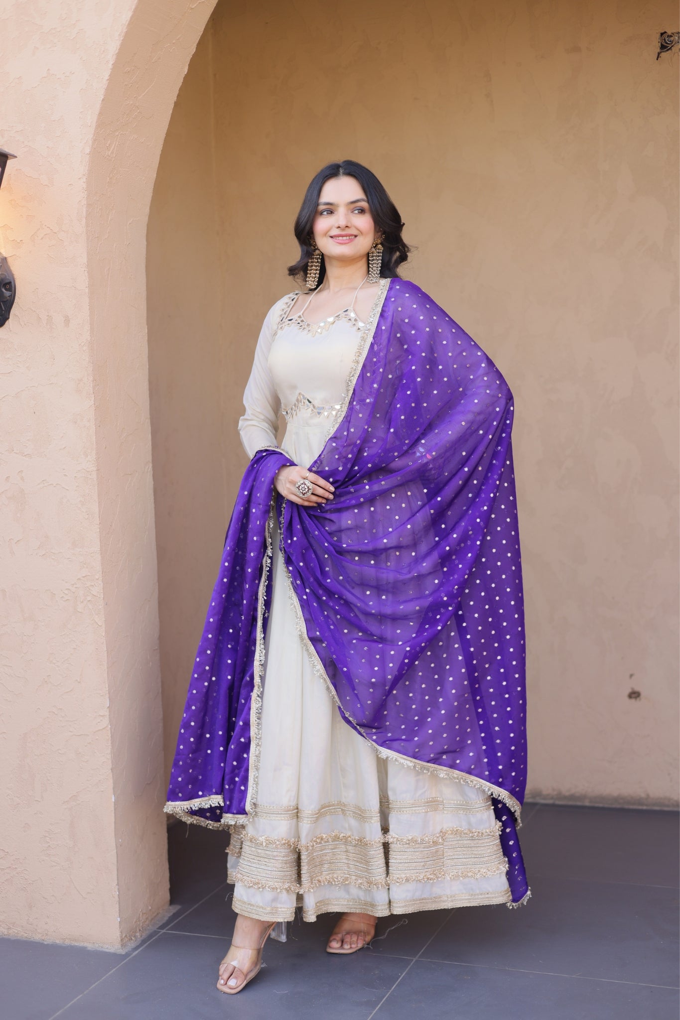 Cosmos Real Mirror Work Designer Embroidered Anarkali Gown With Dupatta
