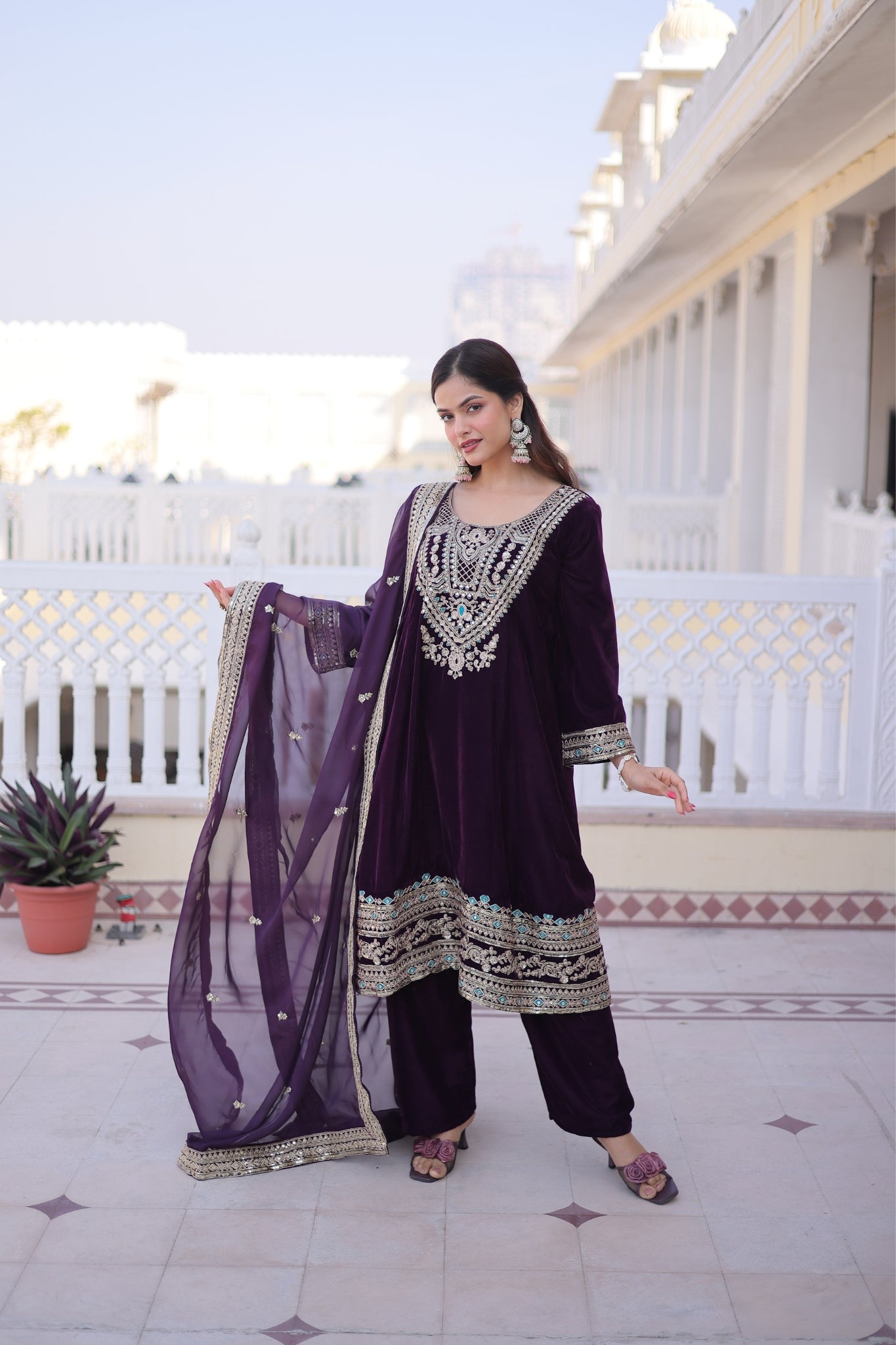 Designer Velvet Kurta Suit With Rich Zari And Thread Embroidery