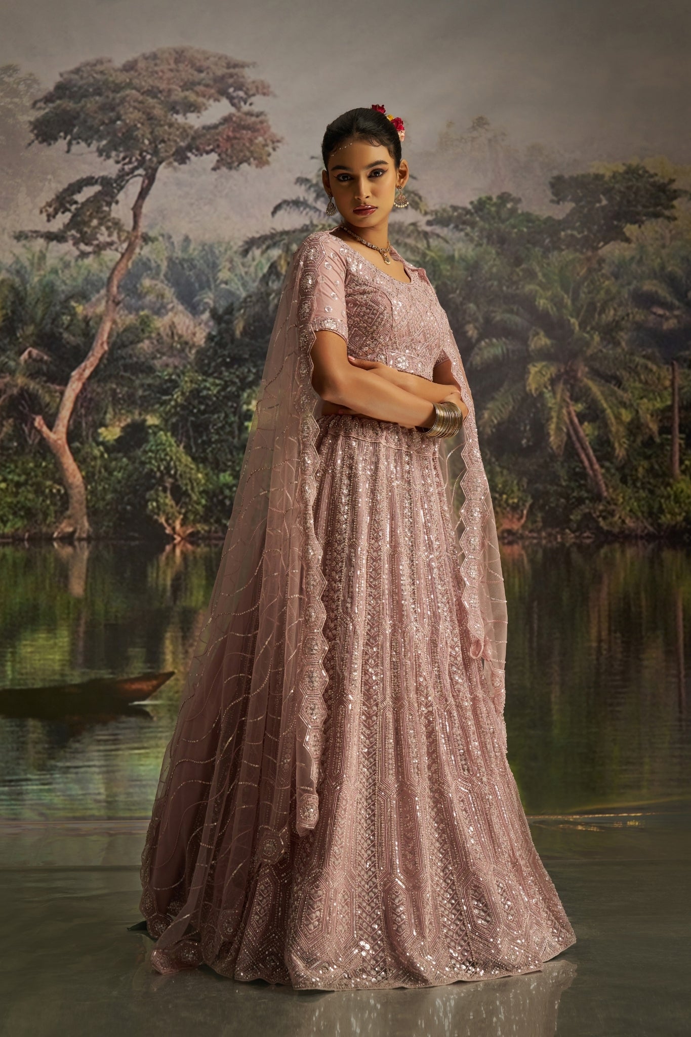 Opulent Mauve Designer Dori, Zarkan And Sequins Masterwork Lehenga in Soft Net
