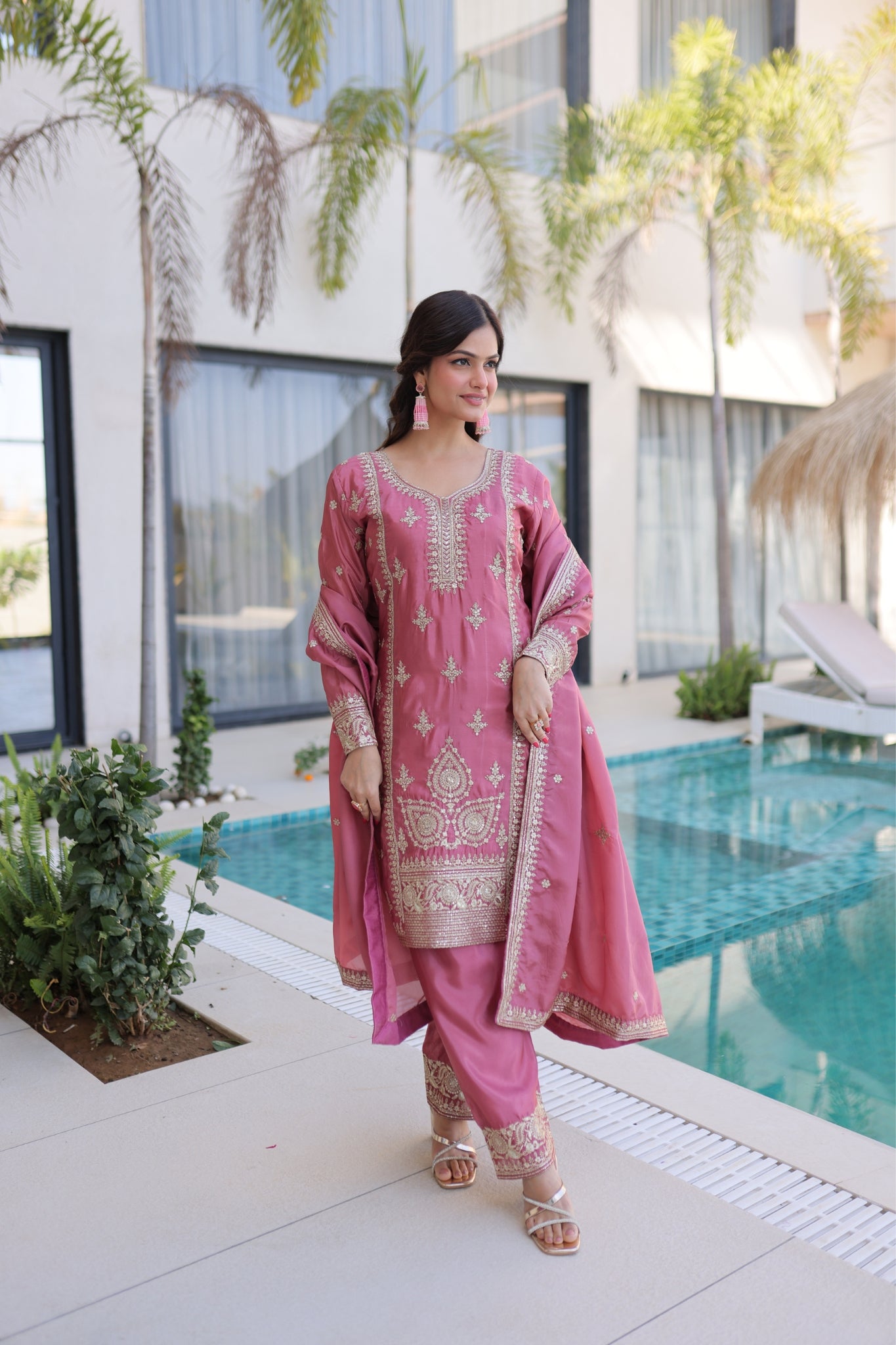 Luxury Ho Silk Designer Multi With Thread Embroidery Suit Set