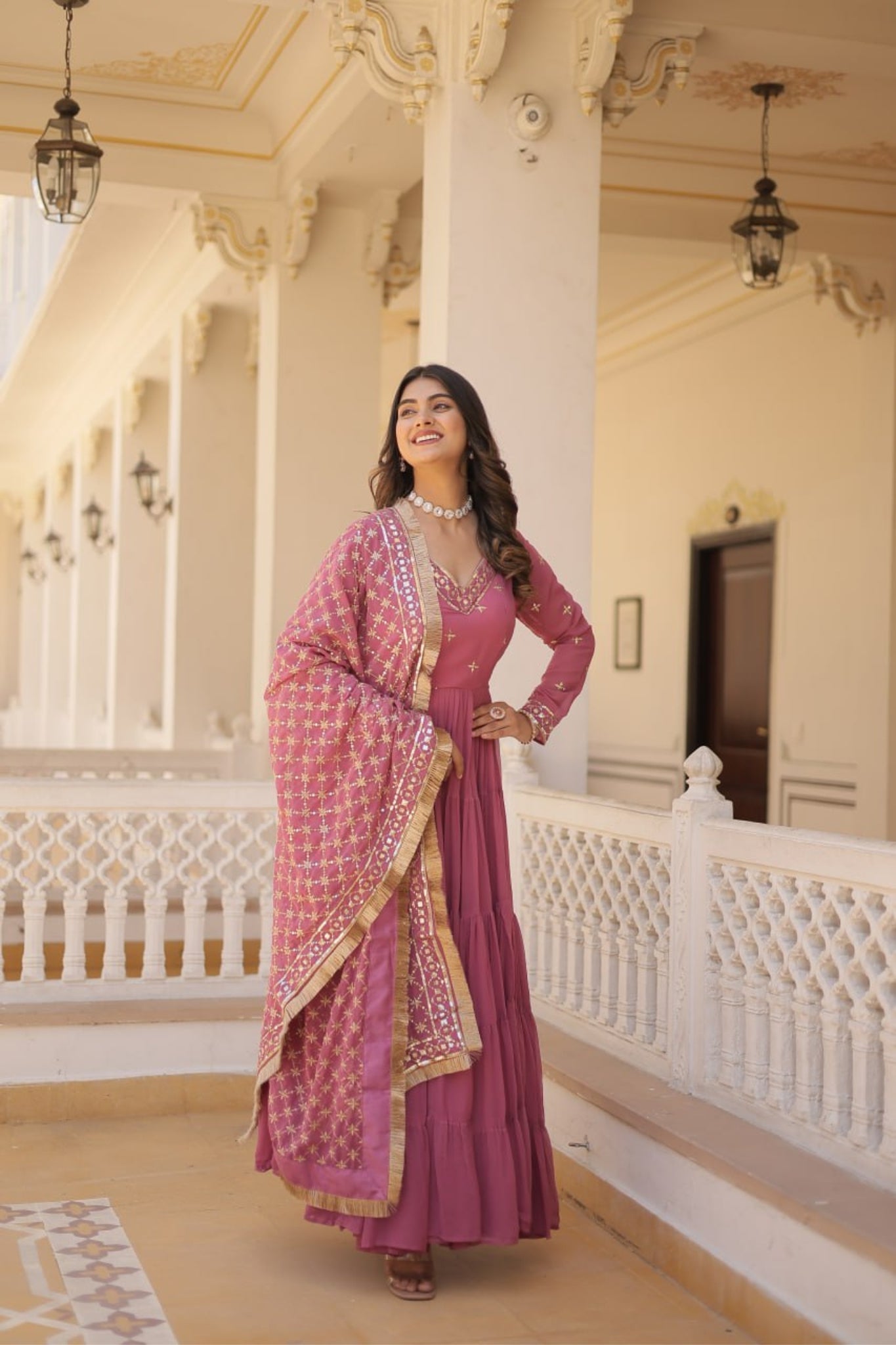 Stunning Designer Embroidered Work Gown With Dupatta Set