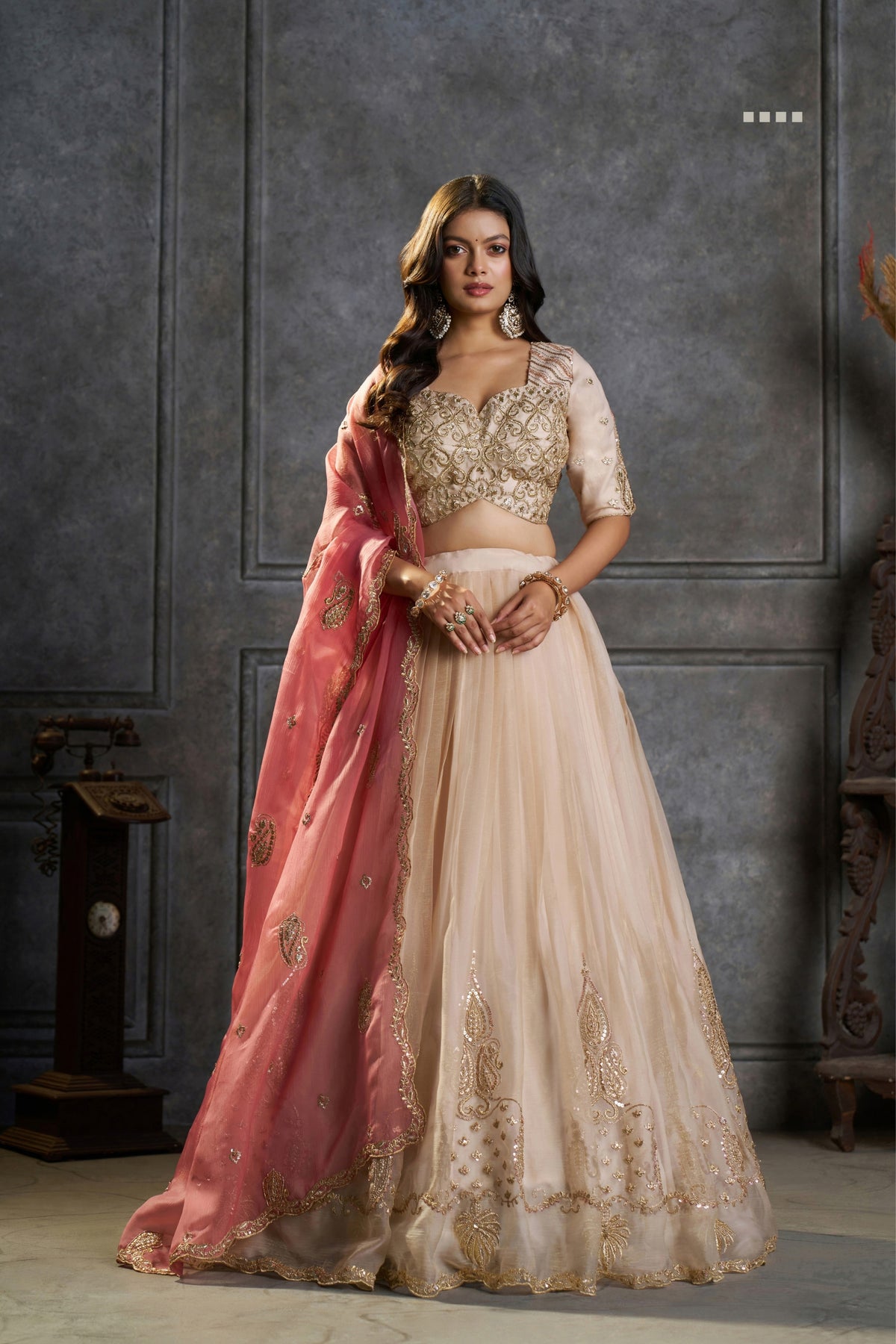 Pure Organza Embroidered Designer Cream Peach Ivory Bridal & Festive Lehenga Choli With Pink Dupatta