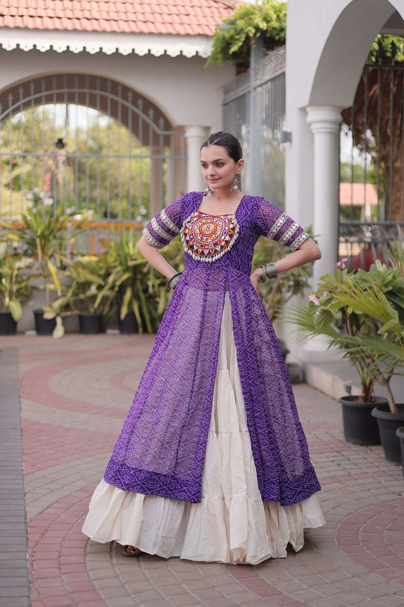 Raasrang Navratri Designer Kora Cotton Lehenga With Kutchi Patchwork Bandhani Print Kurti For Garba & Dandiya