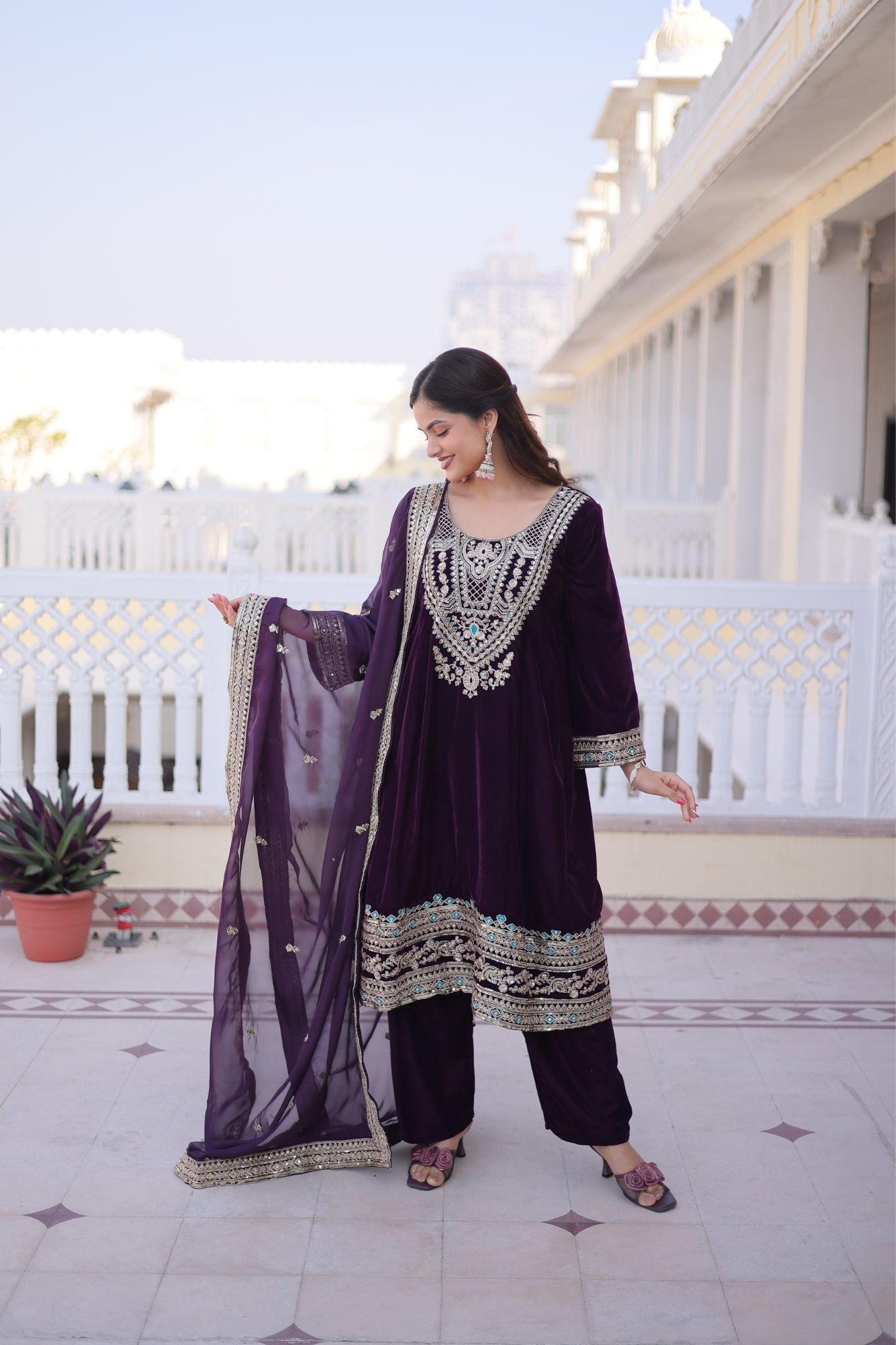 Designer Velvet Kurta Suit With Rich Zari And Thread Embroidery