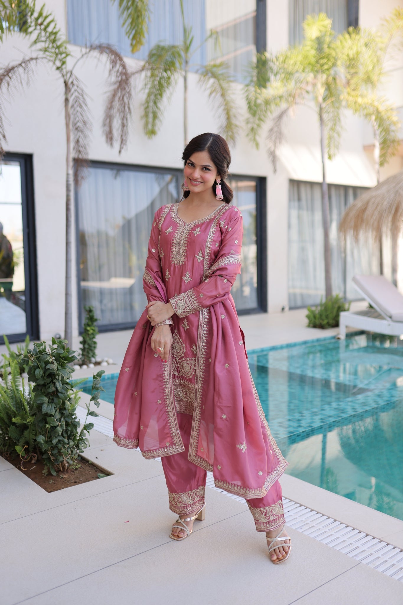 Luxury Ho Silk Designer Multi With Thread Embroidery Suit Set