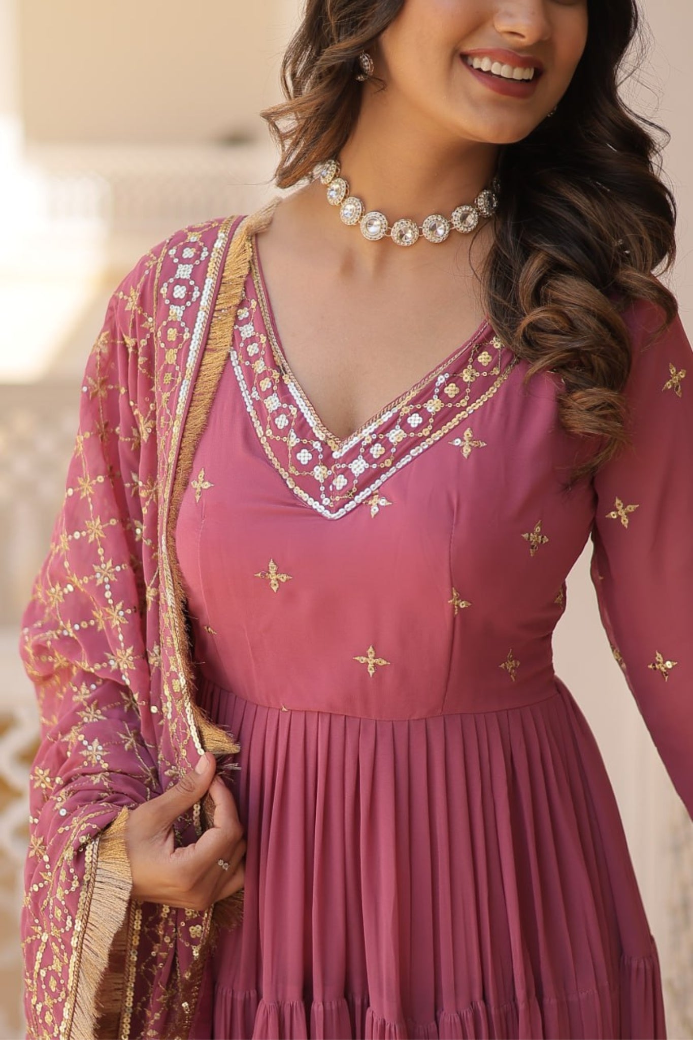 Stunning Designer Embroidered Work Gown With Dupatta Set