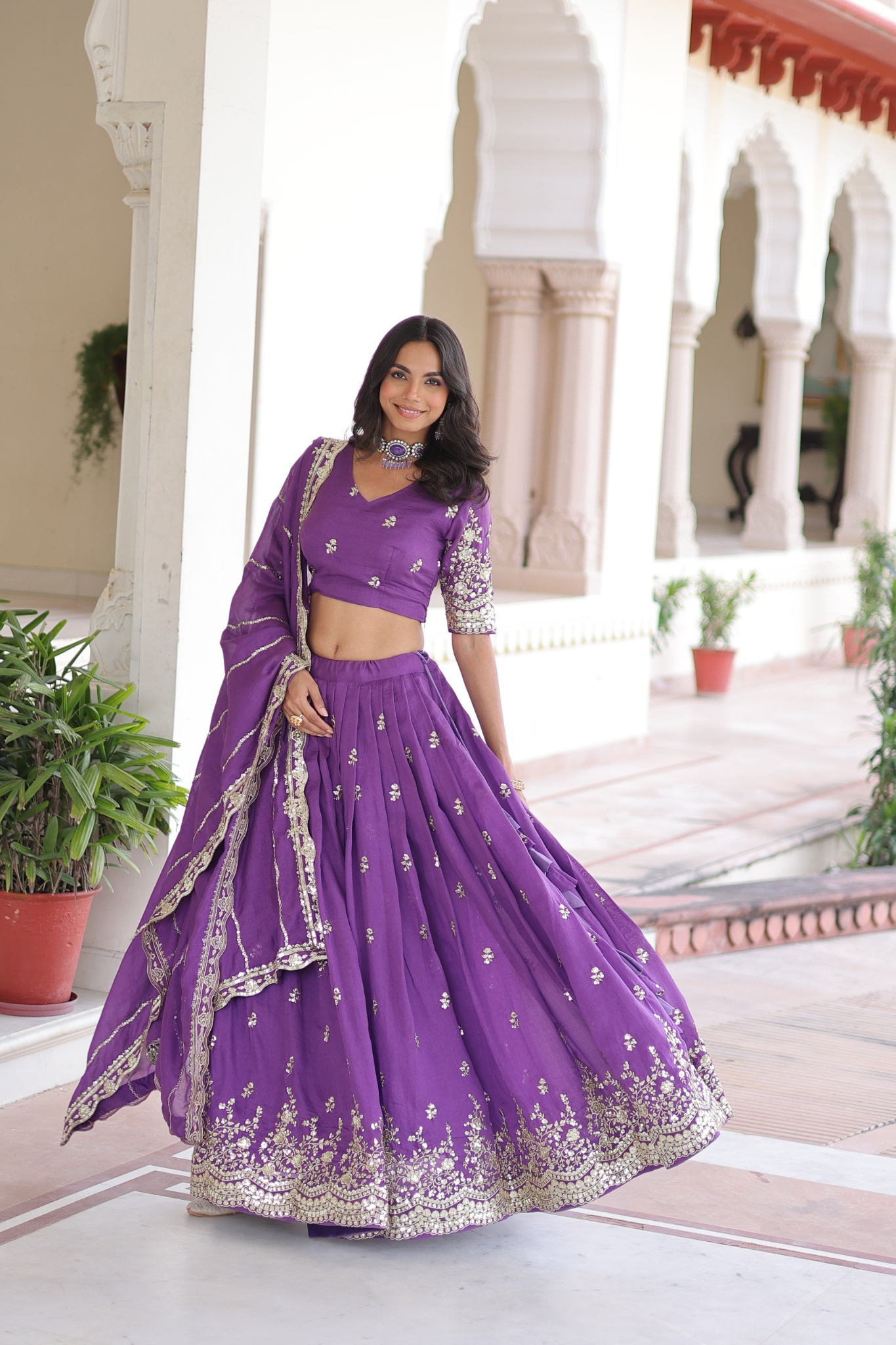 Designer Vichitra Silk Embroidered Lehenga With Blouse Dupatta