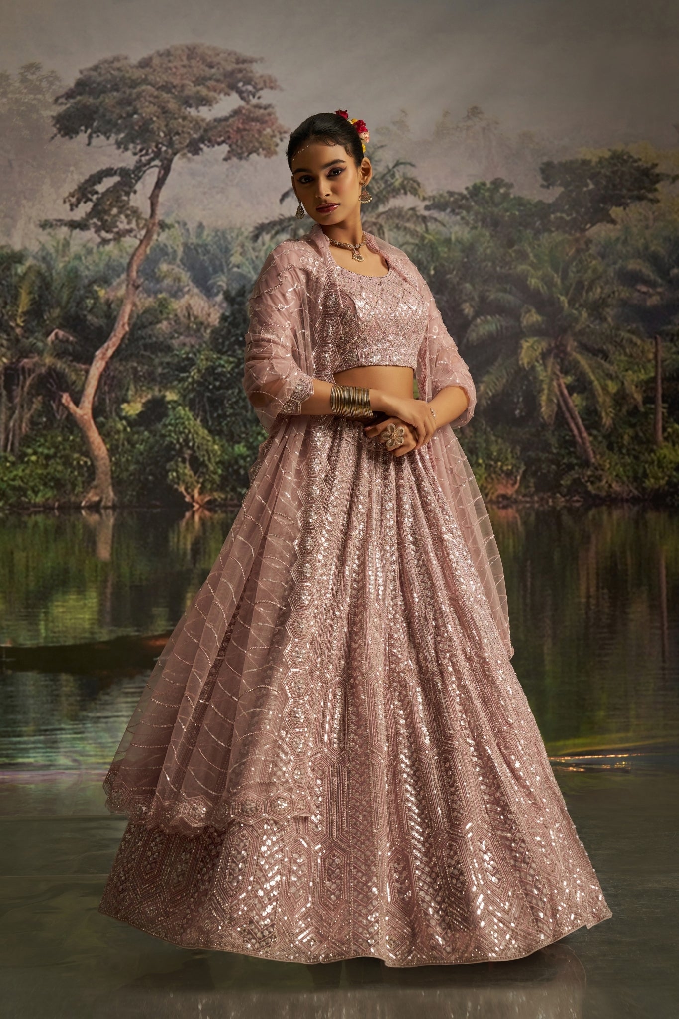 Opulent Mauve Designer Dori, Zarkan And Sequins Masterwork Lehenga in Soft Net