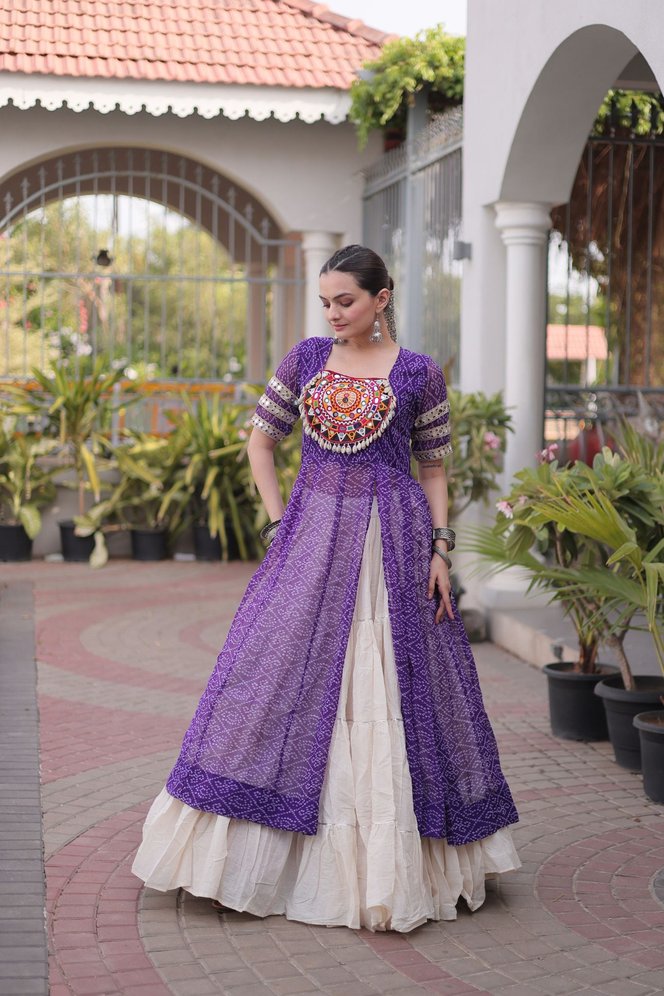 Raasrang Navratri Designer Kora Cotton Lehenga With Kutchi Patchwork Bandhani Print Kurti For Garba & Dandiya