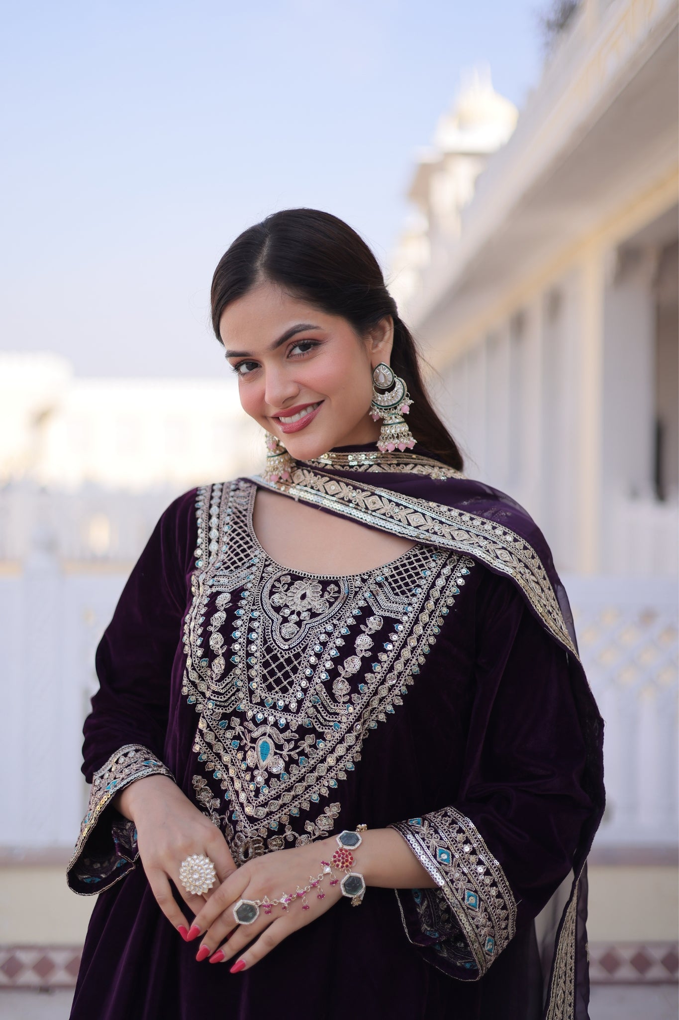 Designer Velvet Kurta Suit With Rich Zari And Thread Embroidery