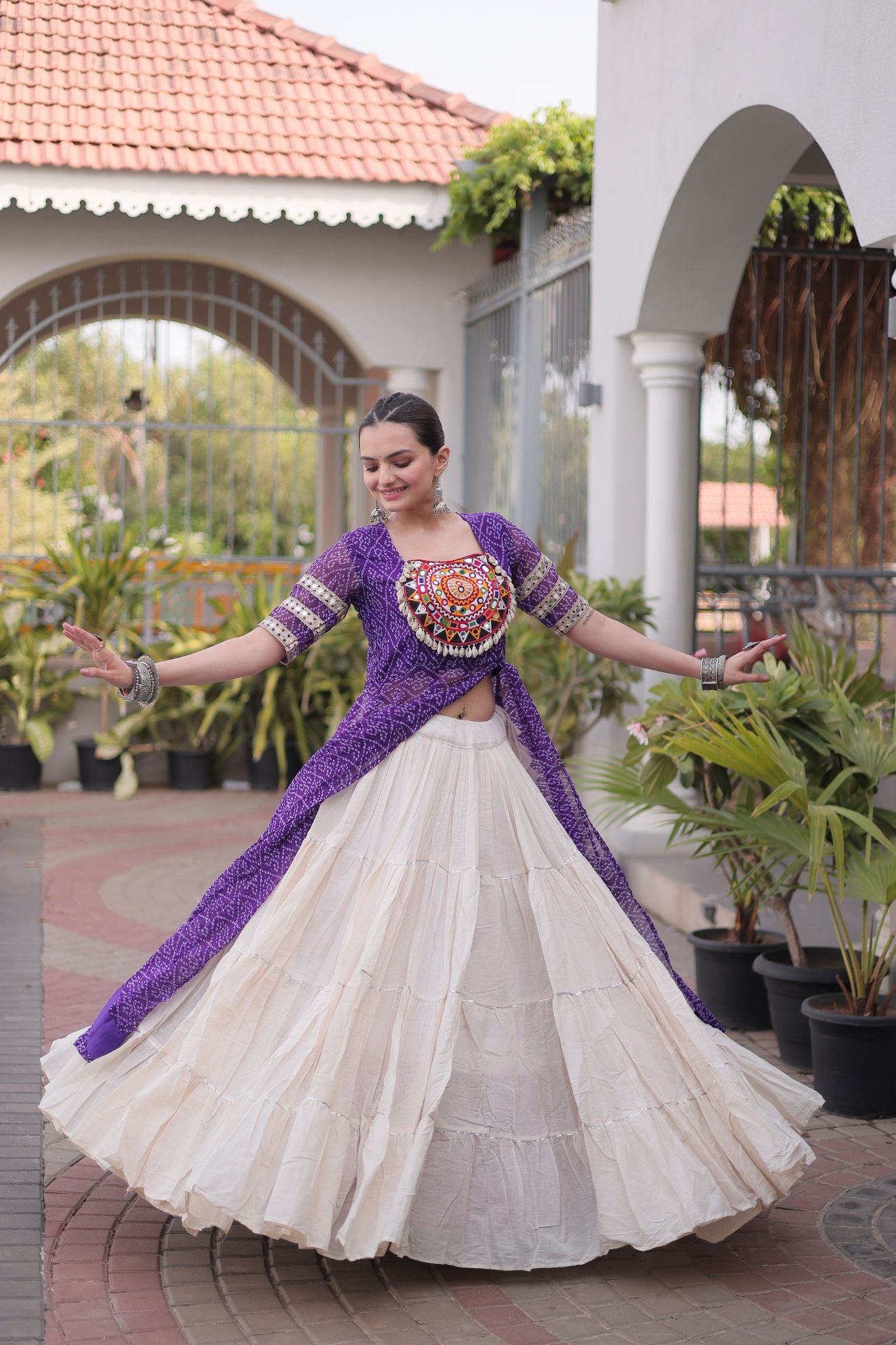 Raasrang Navratri Designer Kora Cotton Lehenga With Kutchi Patchwork Bandhani Print Kurti For Garba & Dandiya