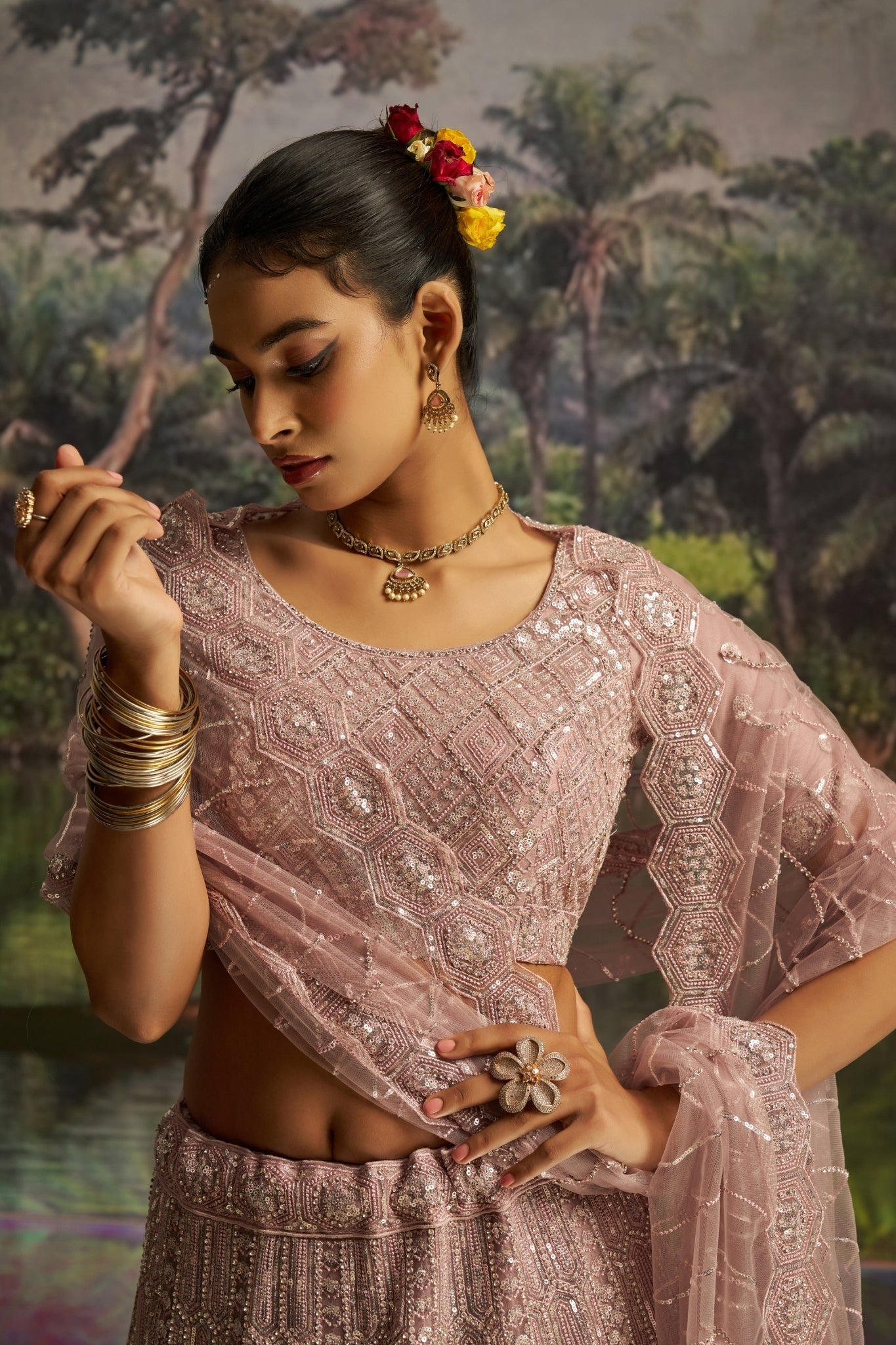 Opulent Mauve Designer Dori, Zarkan And Sequins Masterwork Lehenga in Soft Net