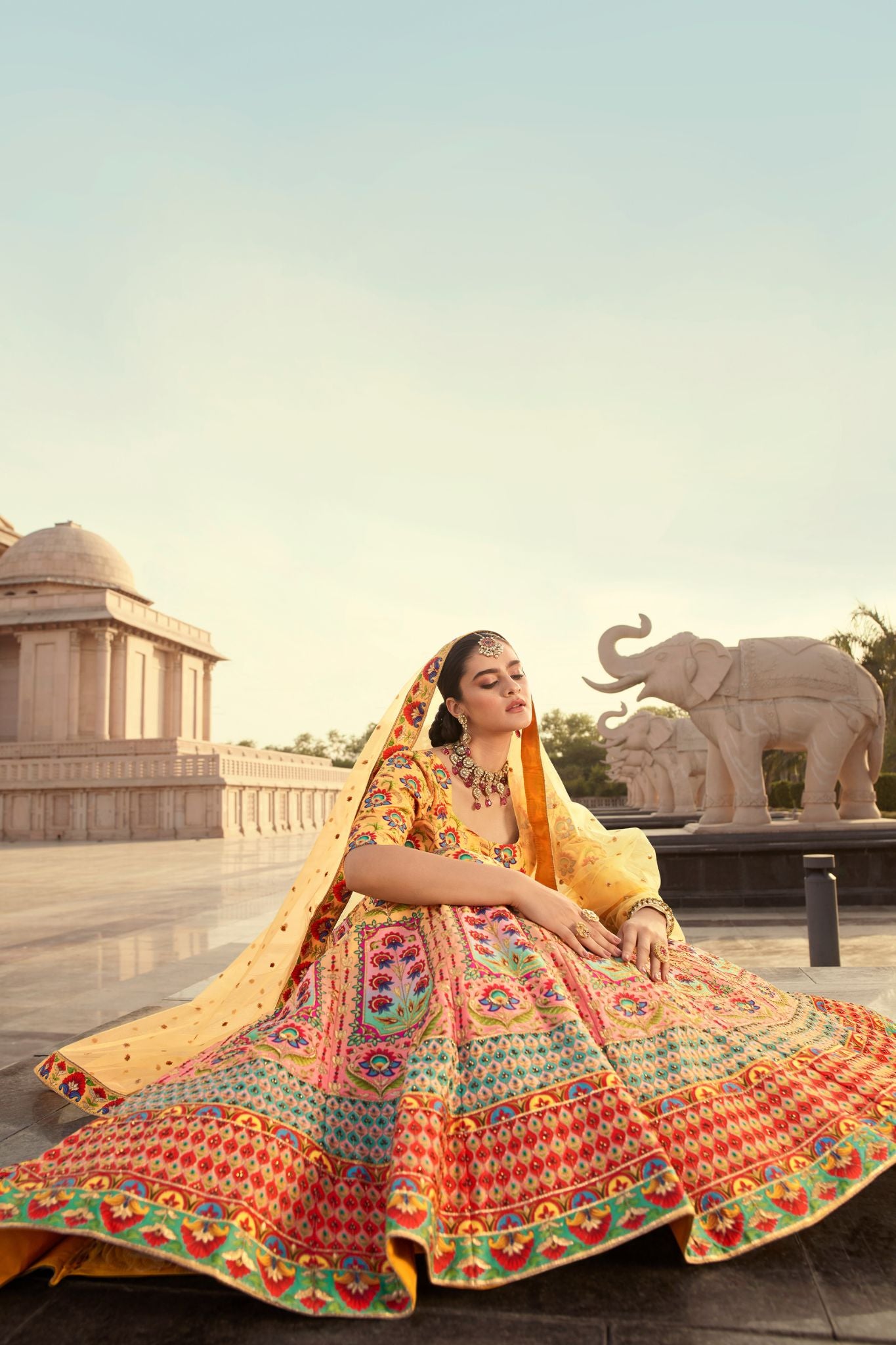 Yellow Embroidery With Print And Diamond Work Bridal Lehenga For Wedding