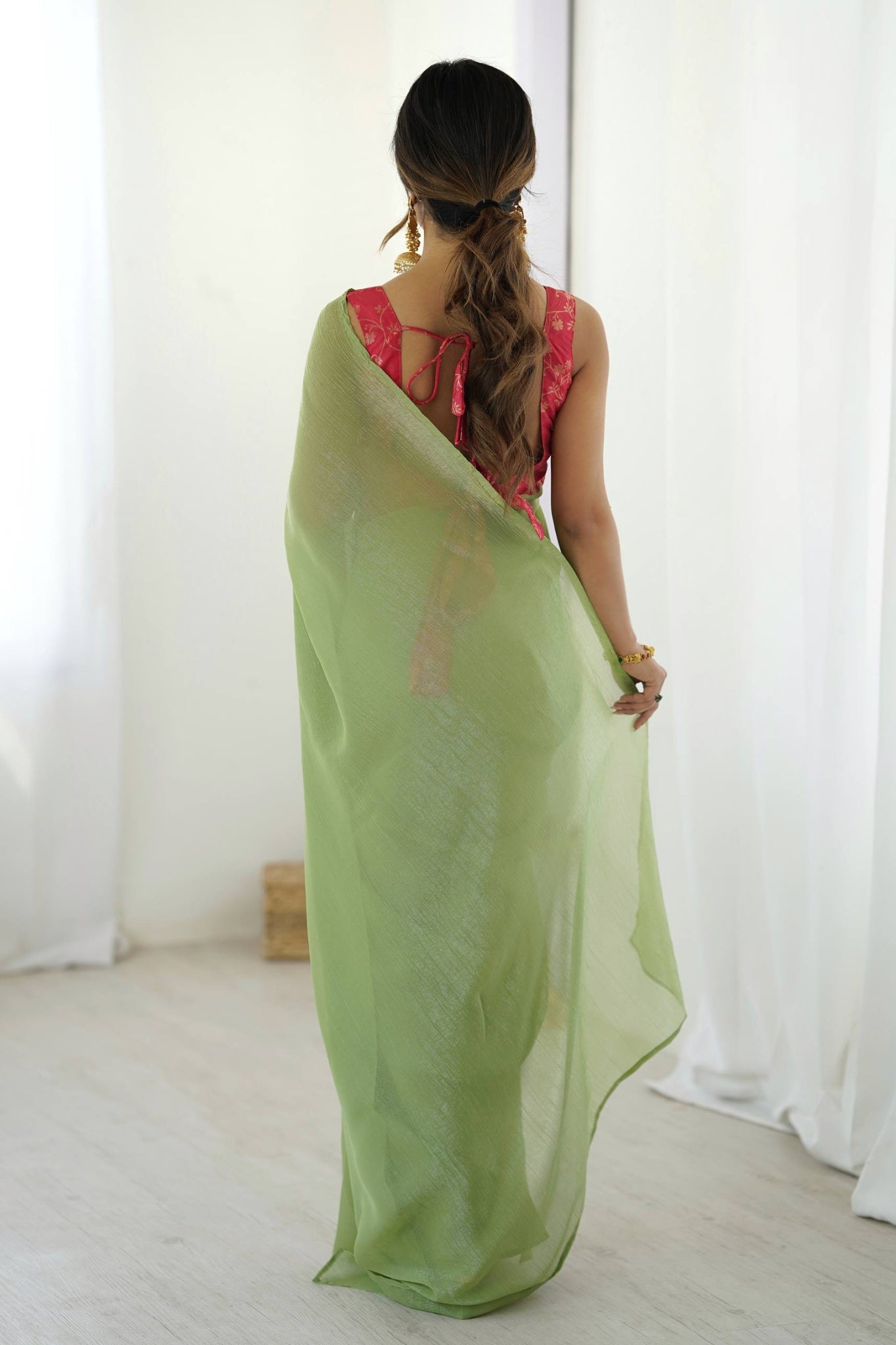 Ready To Wear Green Sparkle Silk Saree With Heavy Banarasi Blouse