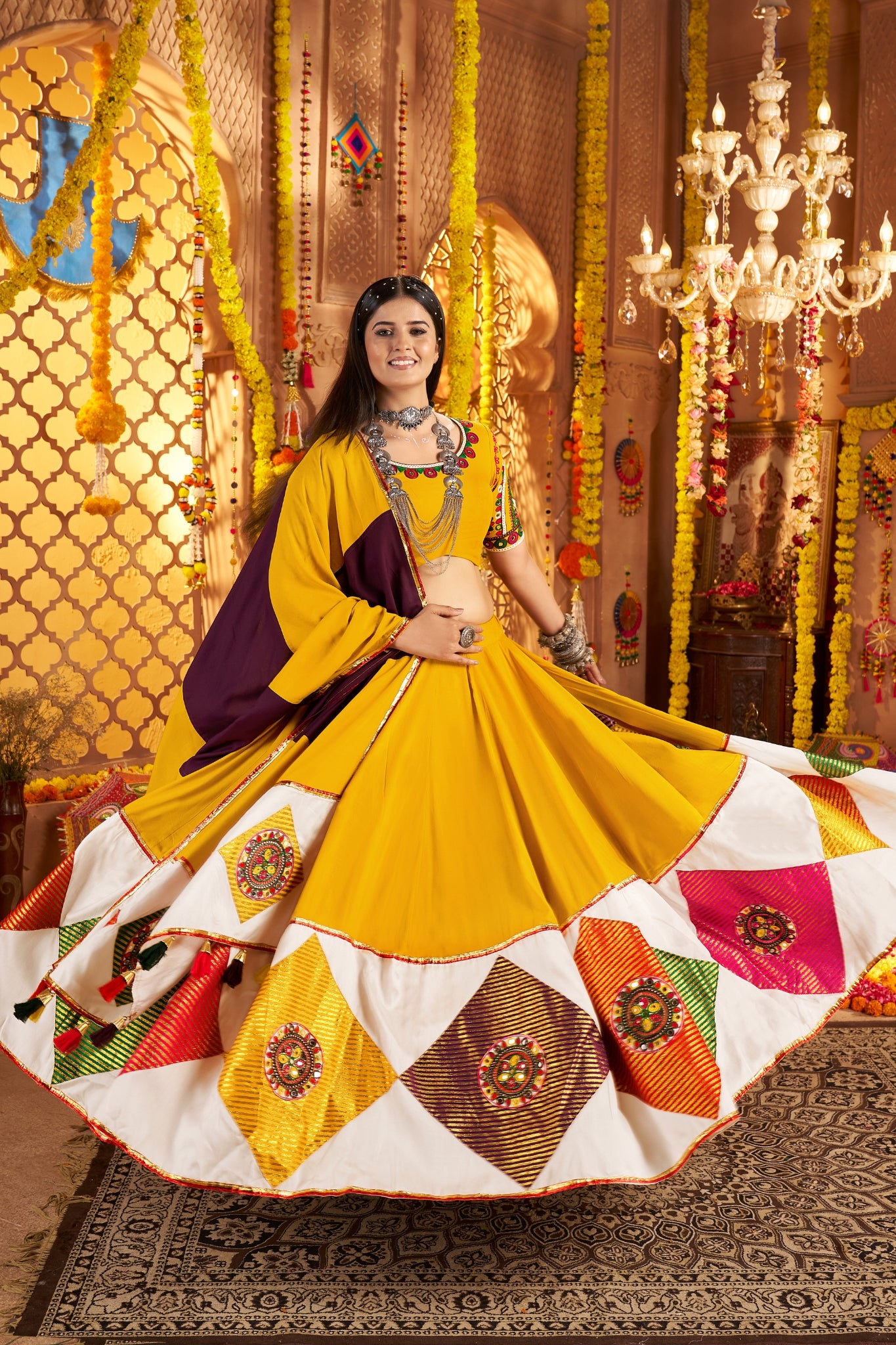 Mustard Yellow Viscose Cotton Traditional Designer Navratri Lehenga Choli