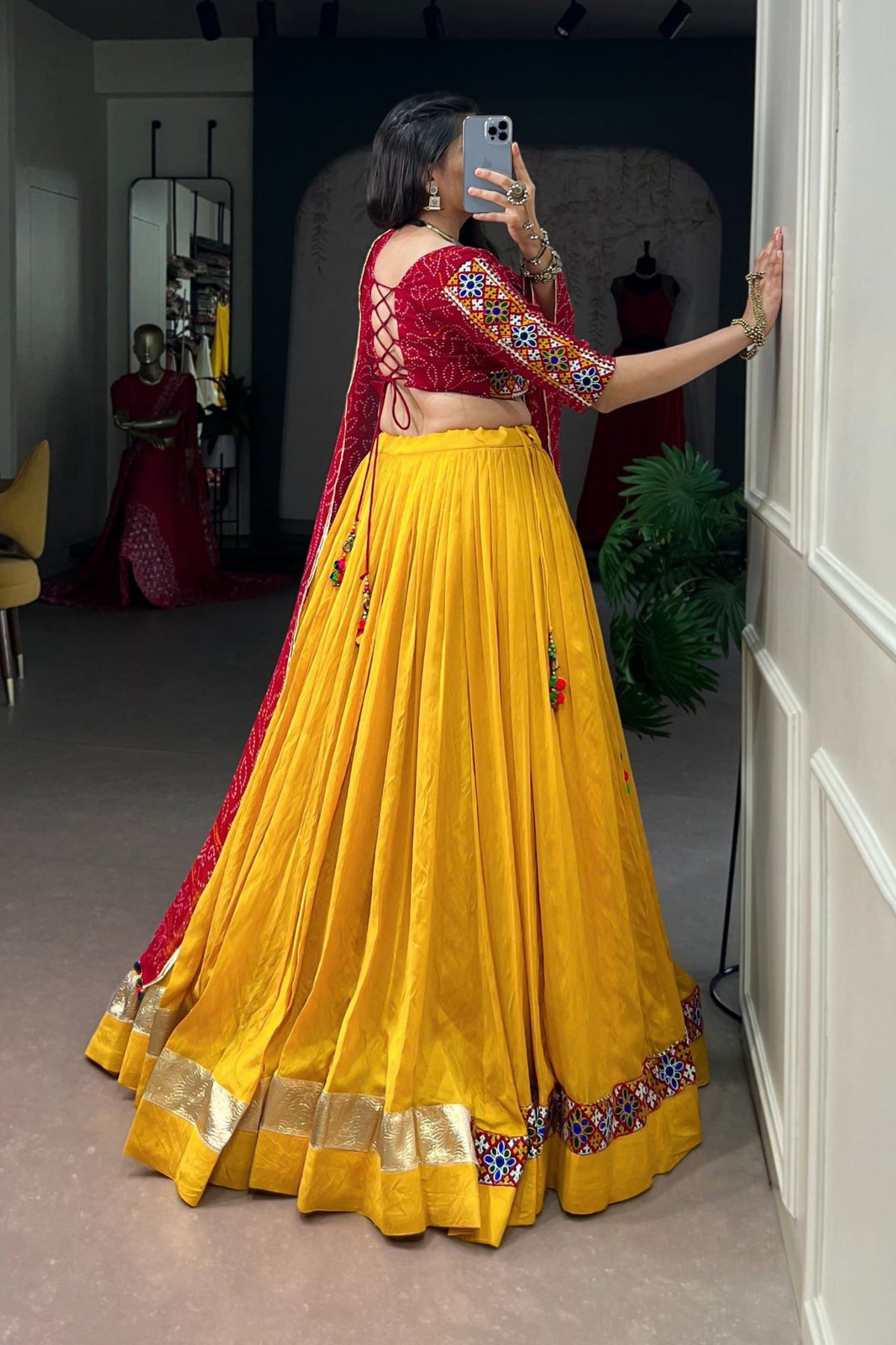 Chanderi Designer Bandhej Print With Gamthi Work Navratri Lehenga Choli