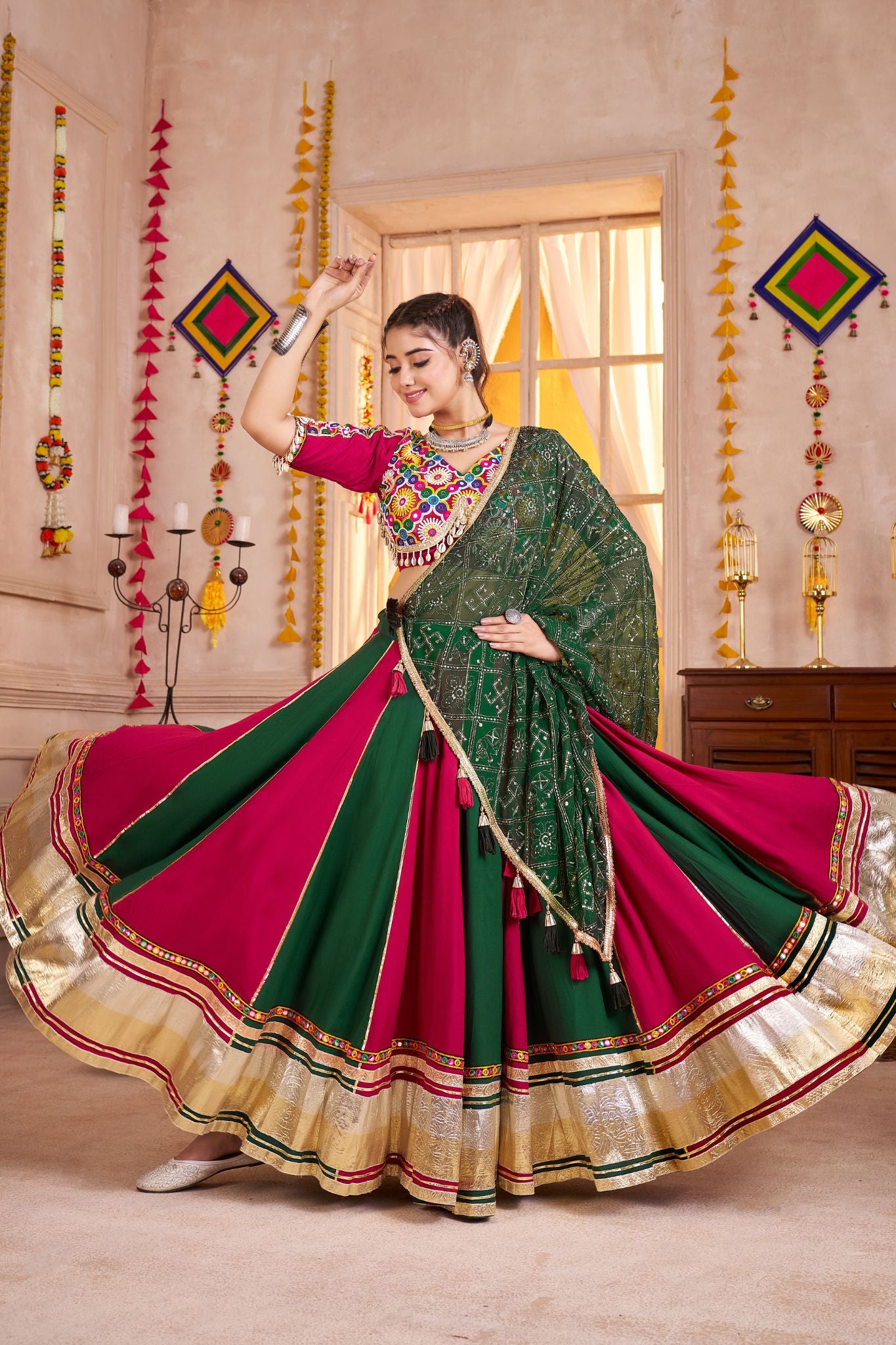 Multi Color Viscose Cotton Traditional Designer Navratri Lehenga Choli