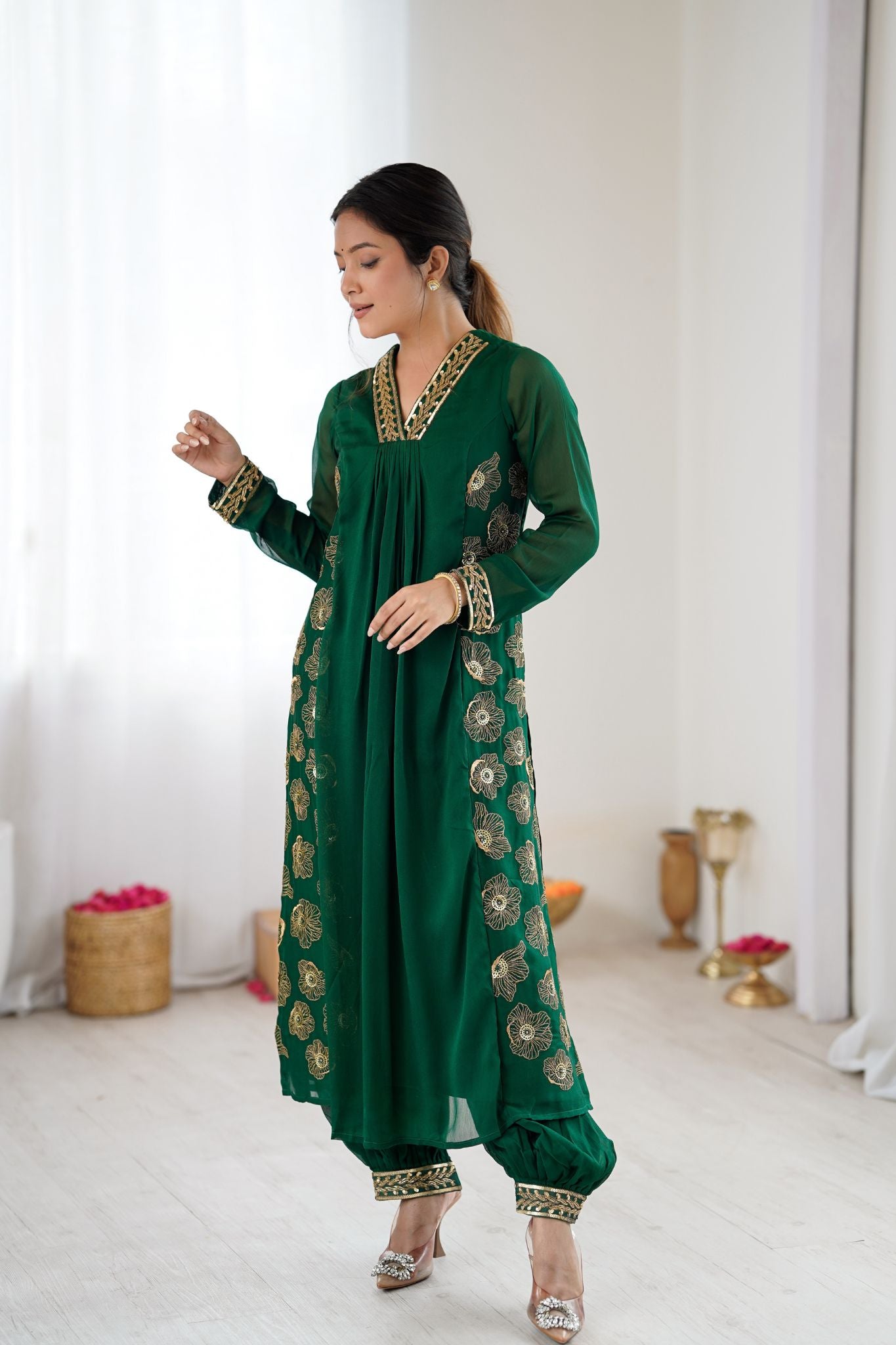 Emerald Green Floral Embroidered Designer Pure Georgette Kurta Set For Women